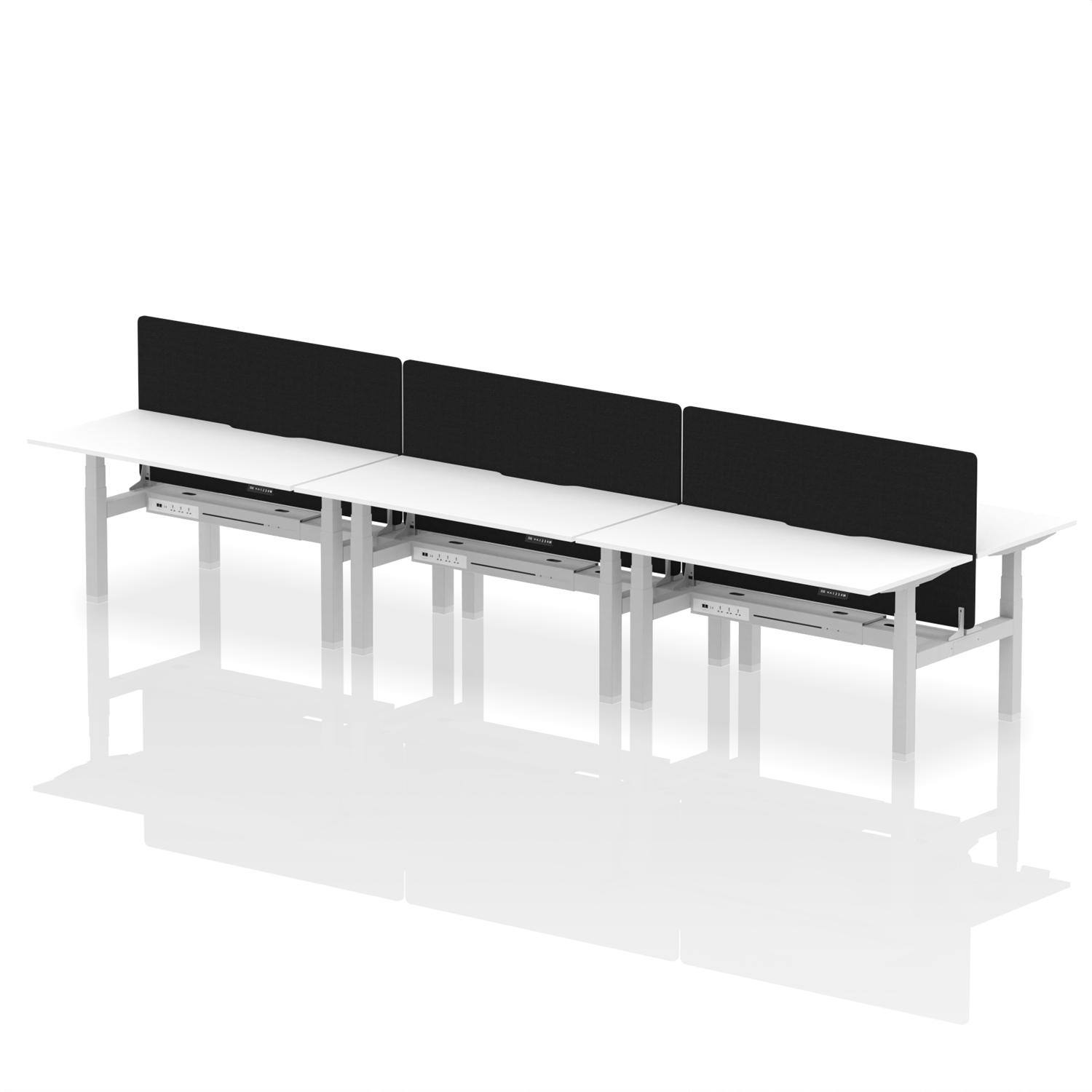 Air Back-to-Back 1600 x 800mm Height Adjustable 6 Person Office Bench Desk White Top with Scalloped Edge Silver Frame with Black Straight Screen