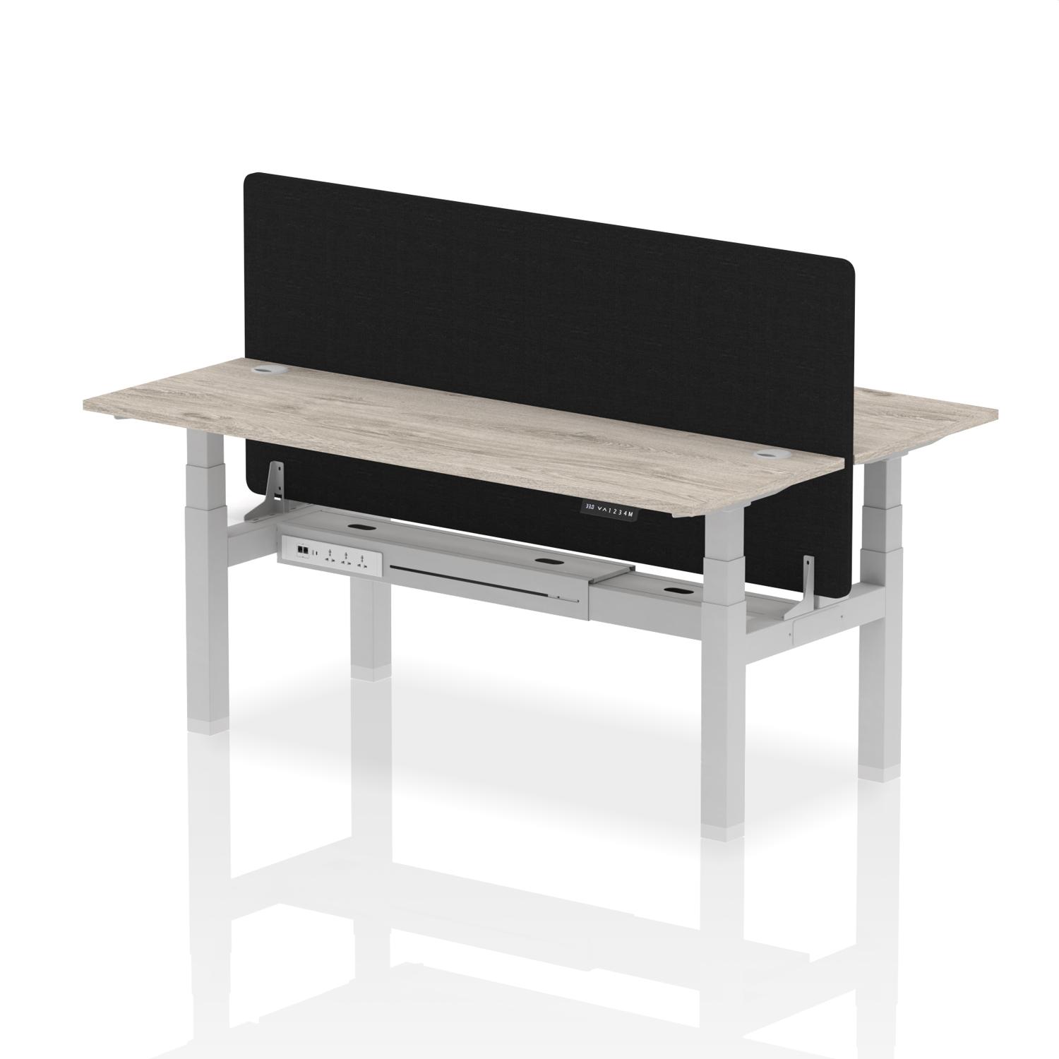 Air Back-to-Back 1800 x 600mm Height Adjustable 2 Person Office Bench Desk Grey Oak Top with Cable Ports Silver Frame with Black Straight Screen