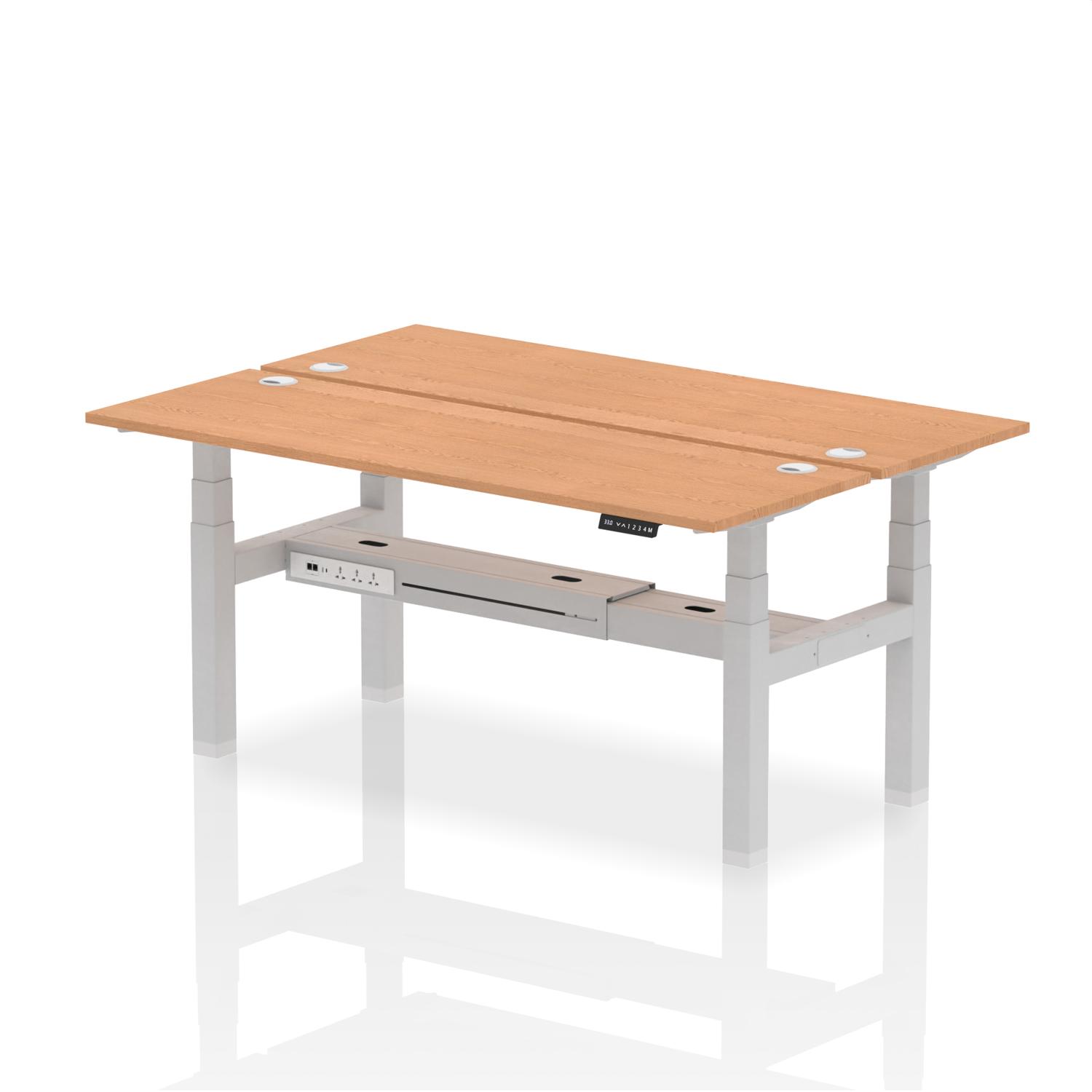 Air Back-to-Back 1800 x 600mm Height Adjustable 2 Person Office Bench Desk Oak Top with Cable Ports Silver Frame