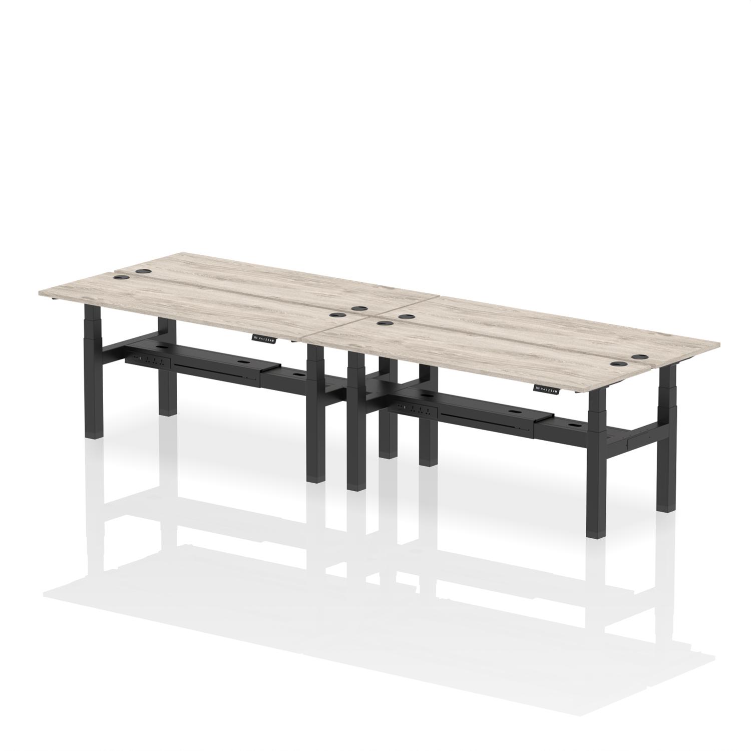 Air Back-to-Back 1800 x 600mm Height Adjustable 4 Person Office Bench Desk Grey Oak Top with Cable Ports Black Frame