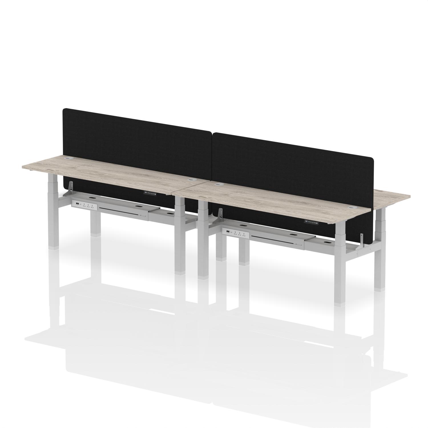 Air Back-to-Back 1800 x 600mm Height Adjustable 4 Person Office Bench Desk Grey Oak Top with Cable Ports Silver Frame with Black Straight Screen