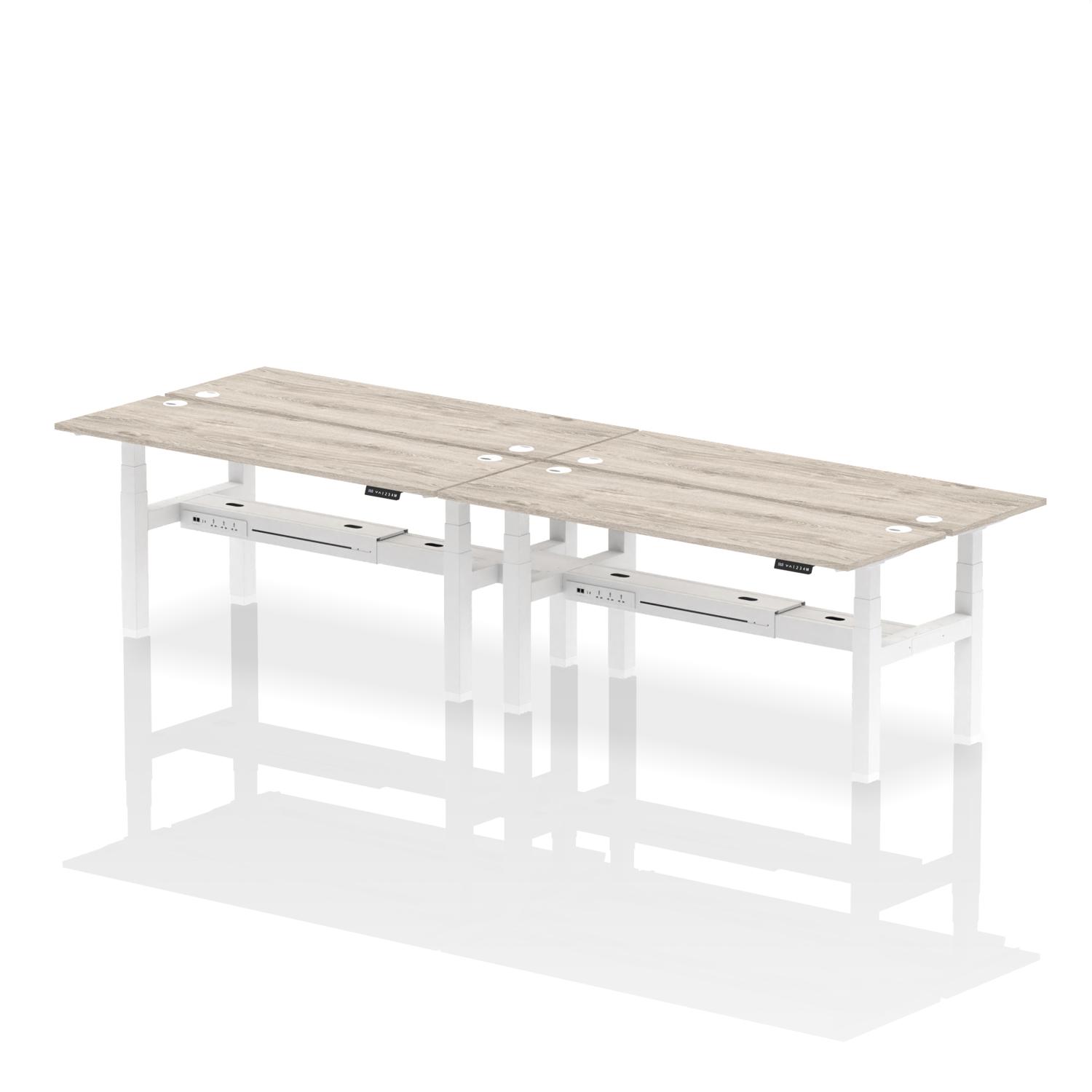 Air Back-to-Back 1800 x 600mm Height Adjustable 4 Person Office Bench Desk Grey Oak Top with Cable Ports White Frame