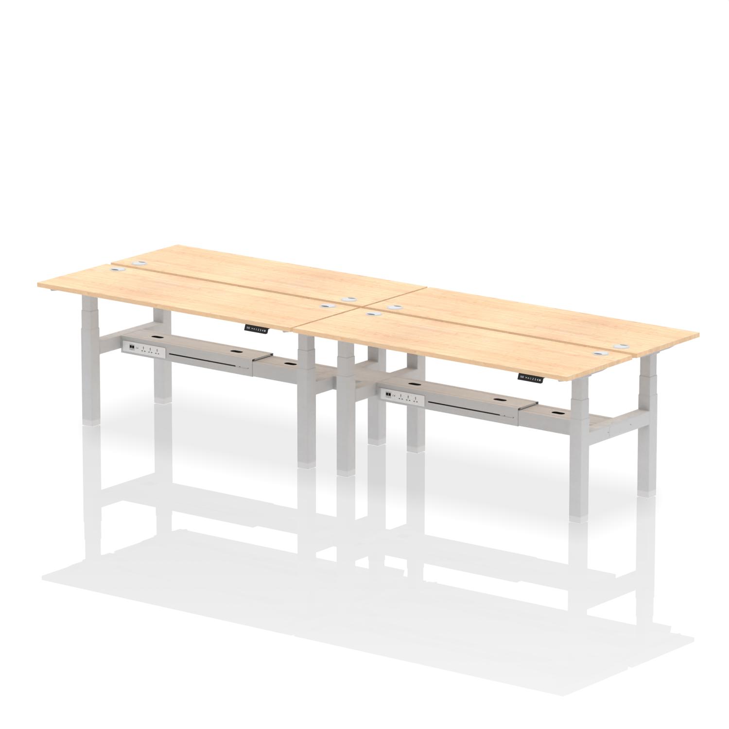 Air Back-to-Back 1800 x 600mm Height Adjustable 4 Person Office Bench Desk Maple Top with Cable Ports Silver Frame