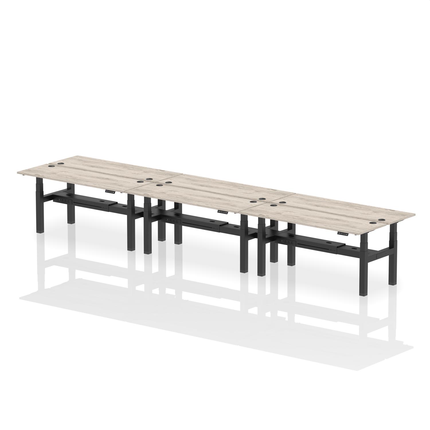Air Back-to-Back 1800 x 600mm Height Adjustable 6 Person Office Bench Desk Grey Oak Top with Cable Ports Black Frame