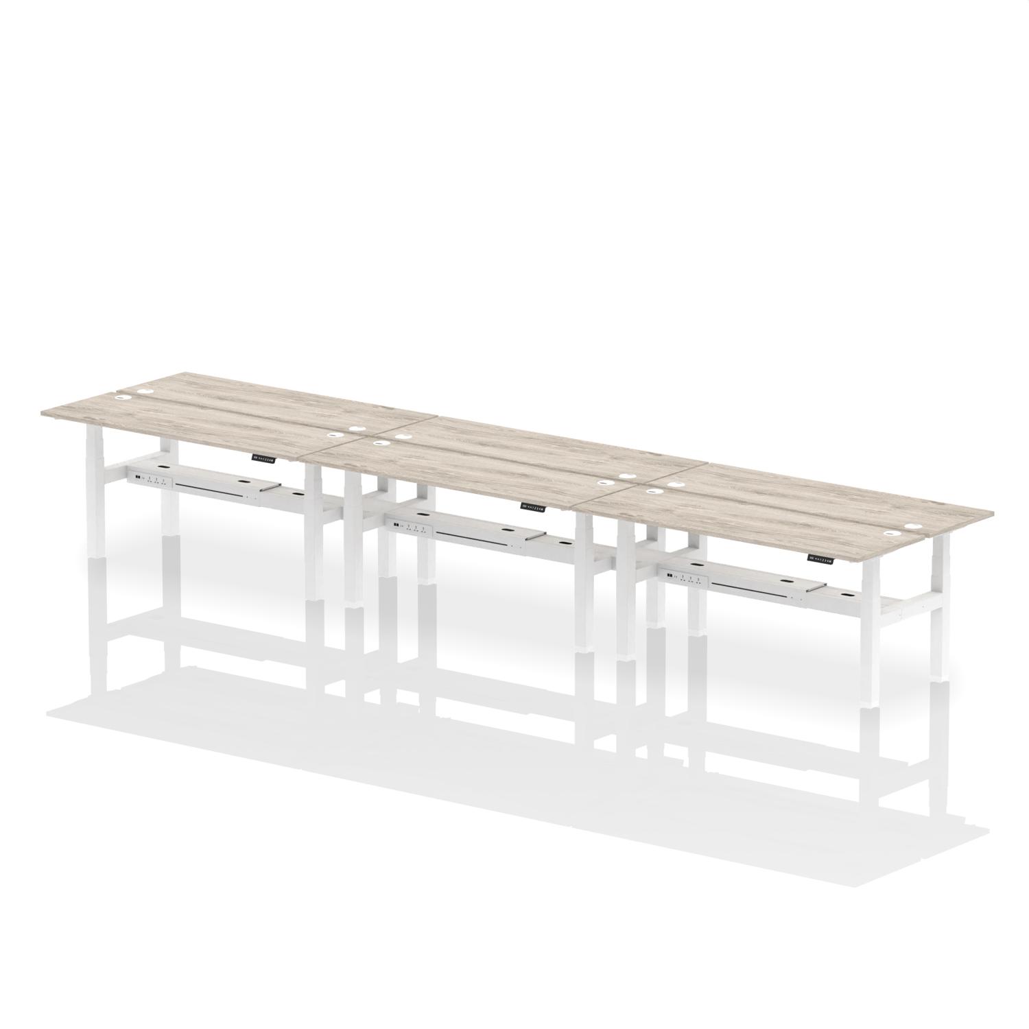 Air Back-to-Back 1800 x 600mm Height Adjustable 6 Person Office Bench Desk Grey Oak Top with Cable Ports White Frame