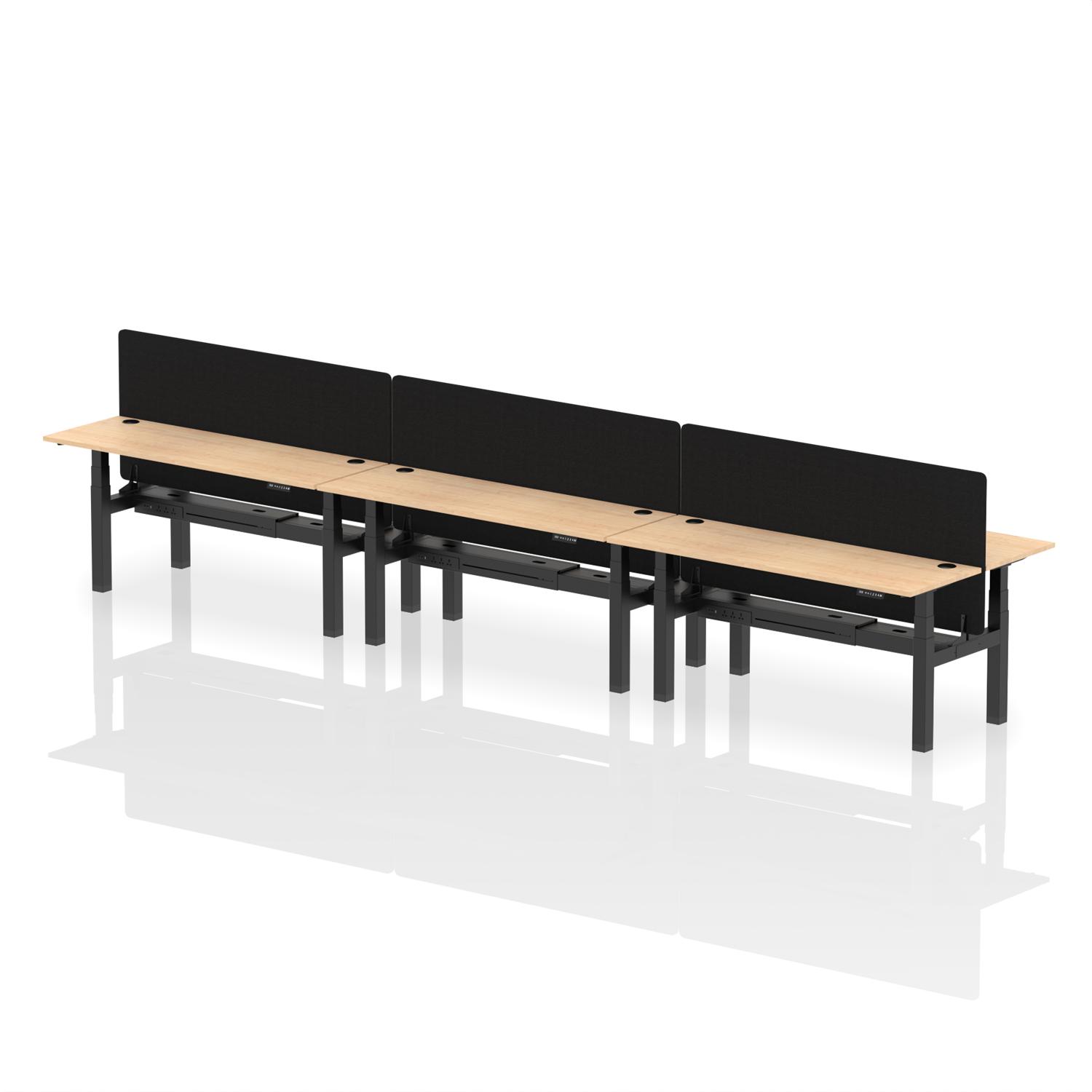 Air Back-to-Back 1800 x 600mm Height Adjustable 6 Person Office Bench Desk Maple Top with Cable Ports Black Frame with Black Straight Screen