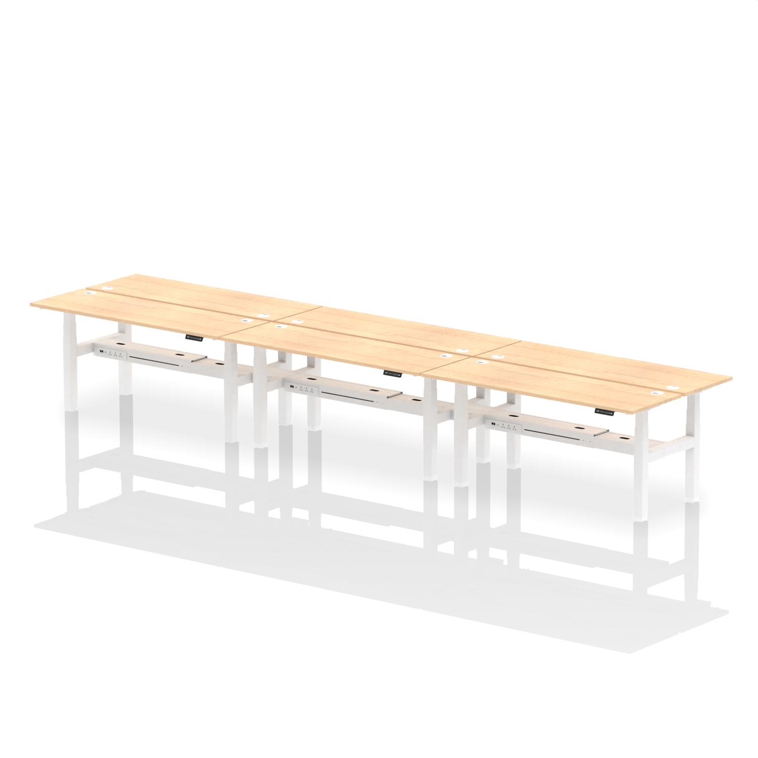 Air Back-to-Back 1800 x 600mm Height Adjustable 6 Person Office Bench Desk Maple Top with Cable Ports White Frame