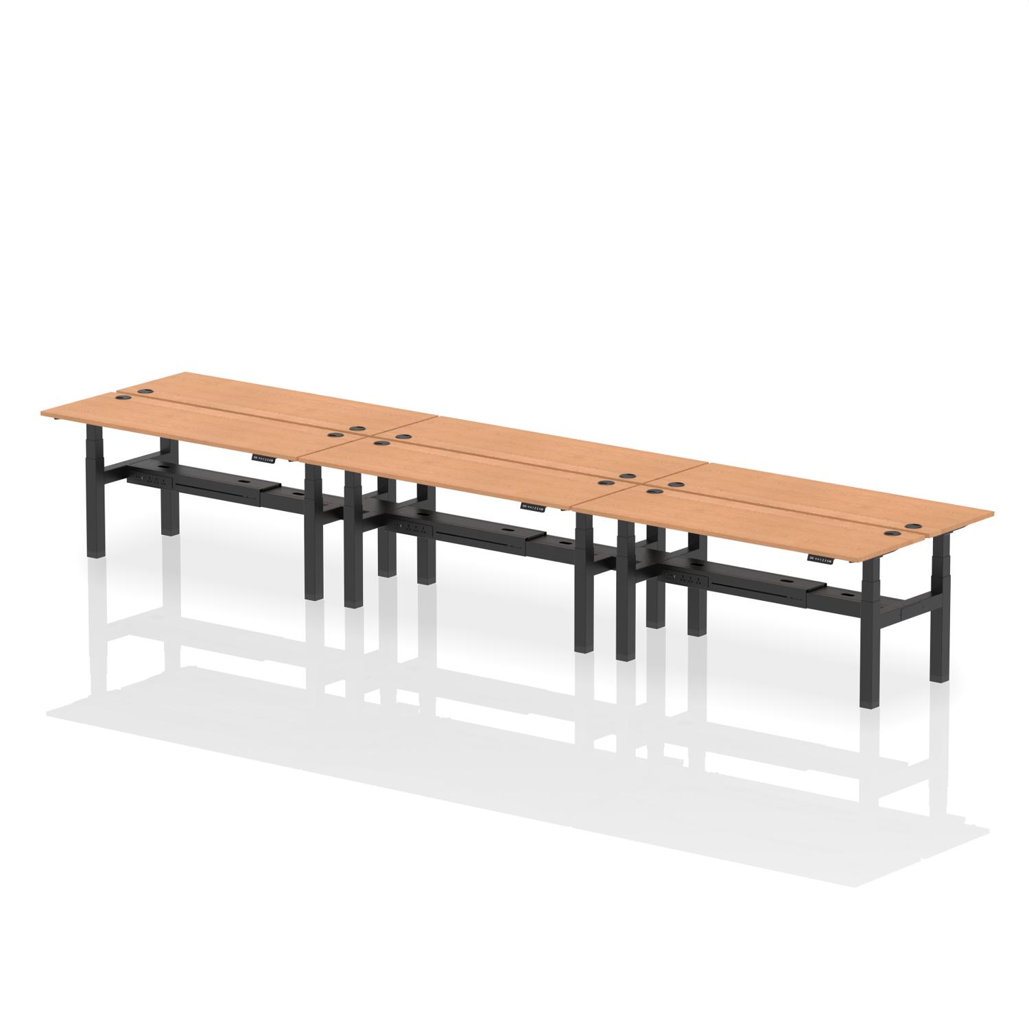 Air Back-to-Back 1800 x 600mm Height Adjustable 6 Person Office Bench Desk Oak Top with Cable Ports Black Frame