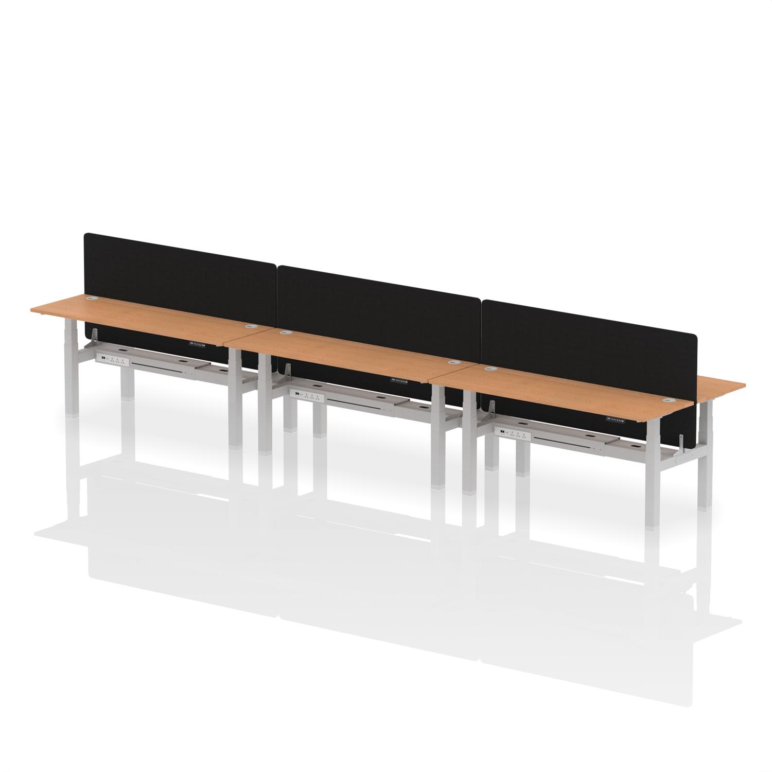 Air Back-to-Back 1800 x 600mm Height Adjustable 6 Person Office Bench Desk Oak Top with Cable Ports Silver Frame with Black Straight Screen