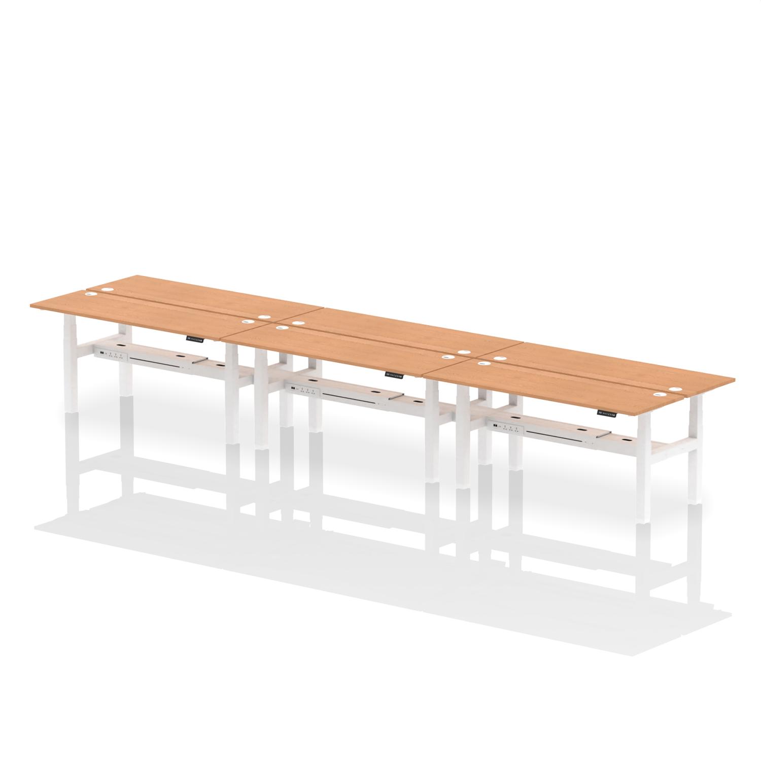 Air Back-to-Back 1800 x 600mm Height Adjustable 6 Person Office Bench Desk Oak Top with Cable Ports White Frame