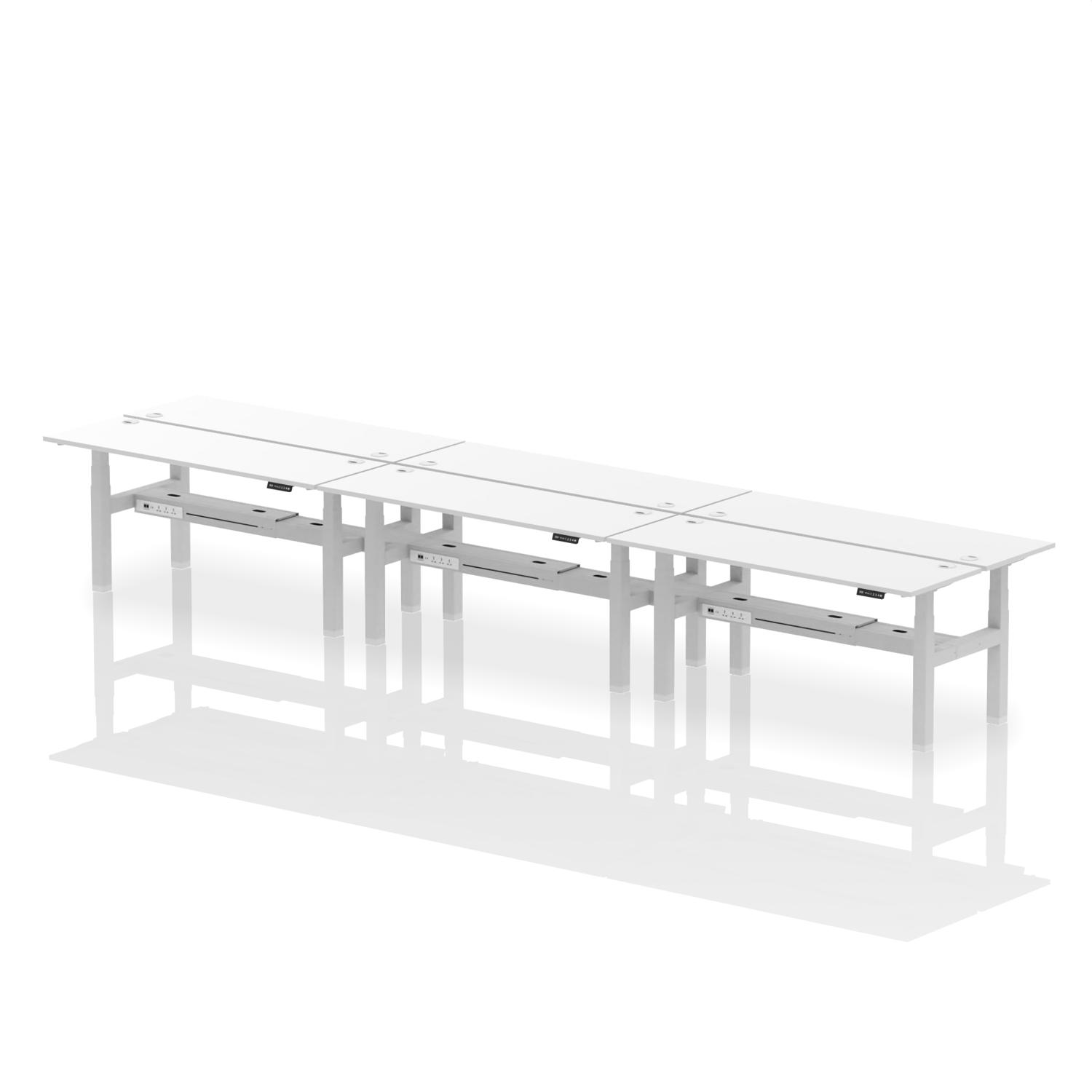Air Back-to-Back 1800 x 600mm Height Adjustable 6 Person Office Bench Desk White Top with Cable Ports Silver Frame