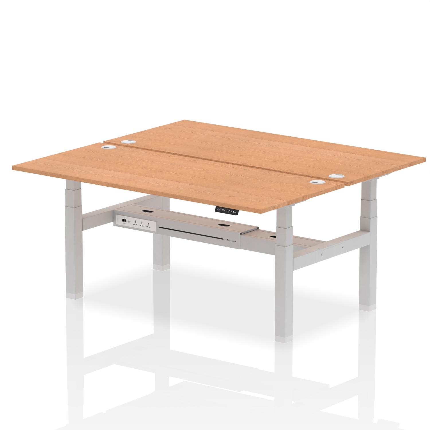 Air Back-to-Back 1800 x 800mm Height Adjustable 2 Person Office Bench Desk Oak Top with Cable Ports Silver Frame