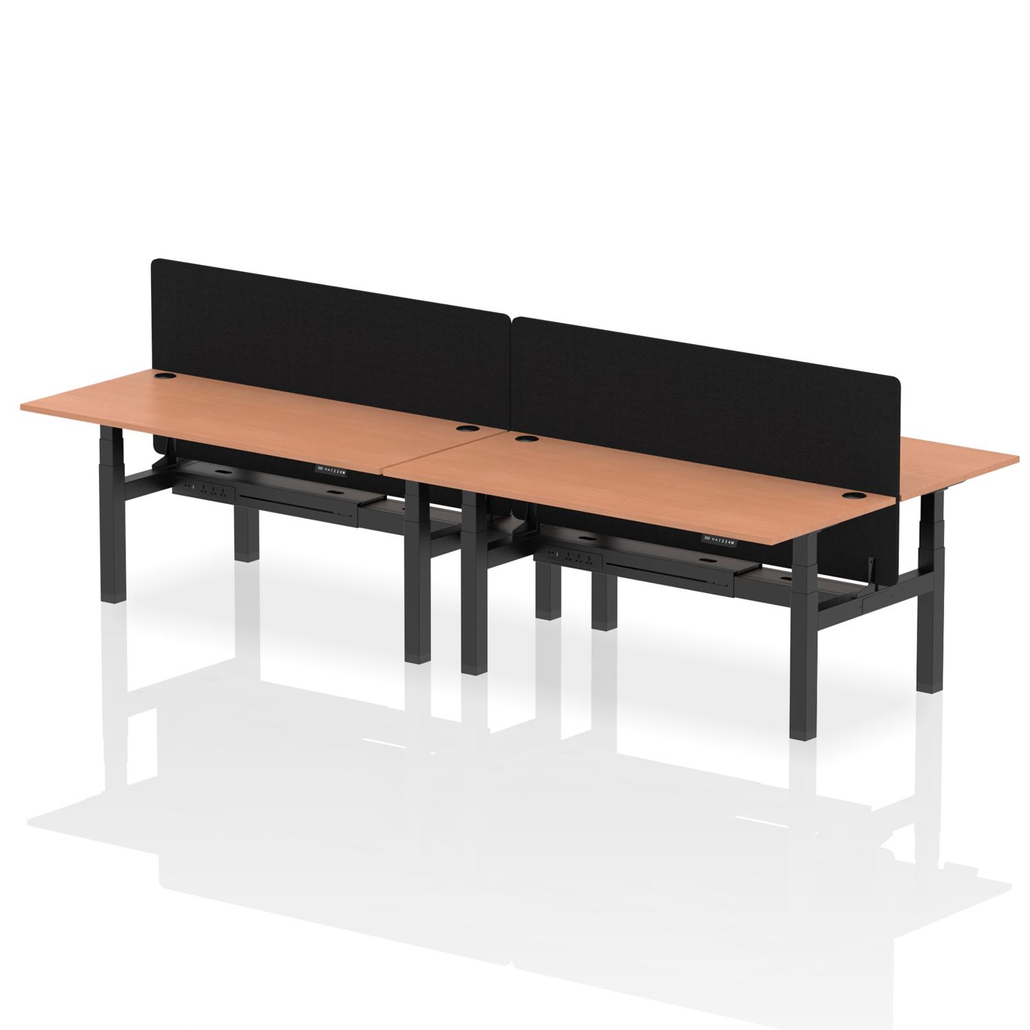 Air Back-to-Back 1800 x 800mm Height Adjustable 4 Person Office Bench Desk Beech Top with Cable Ports Black Frame with Black Straight Screen