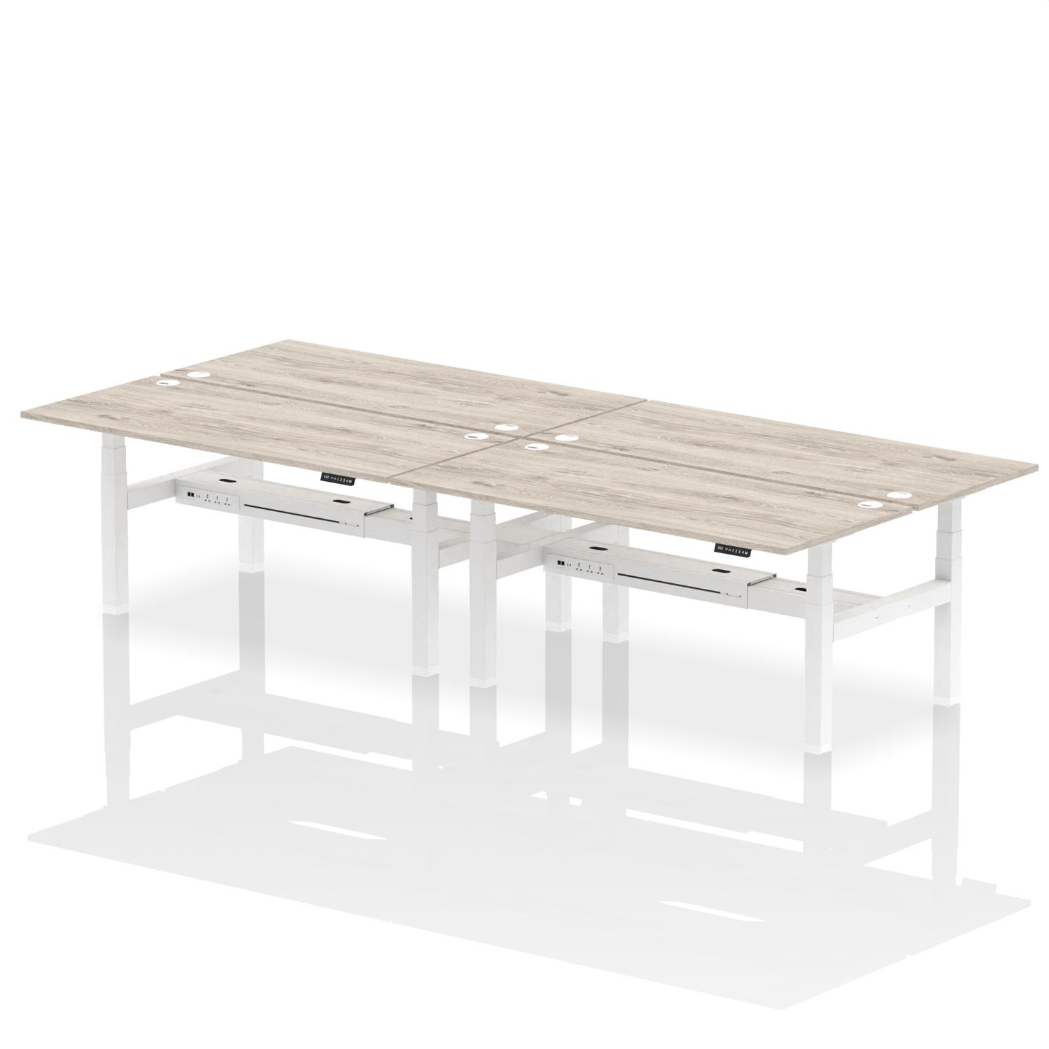 Air Back-to-Back 1800 x 800mm Height Adjustable 4 Person Office Bench Desk Grey Oak Top with Cable Ports White Frame