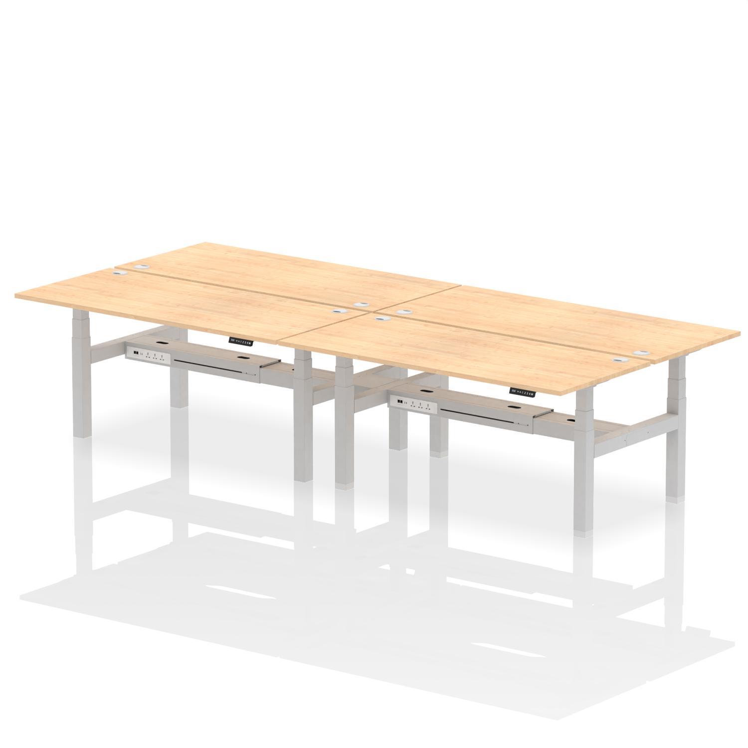 Air Back-to-Back 1800 x 800mm Height Adjustable 4 Person Office Bench Desk Maple Top with Cable Ports Silver Frame