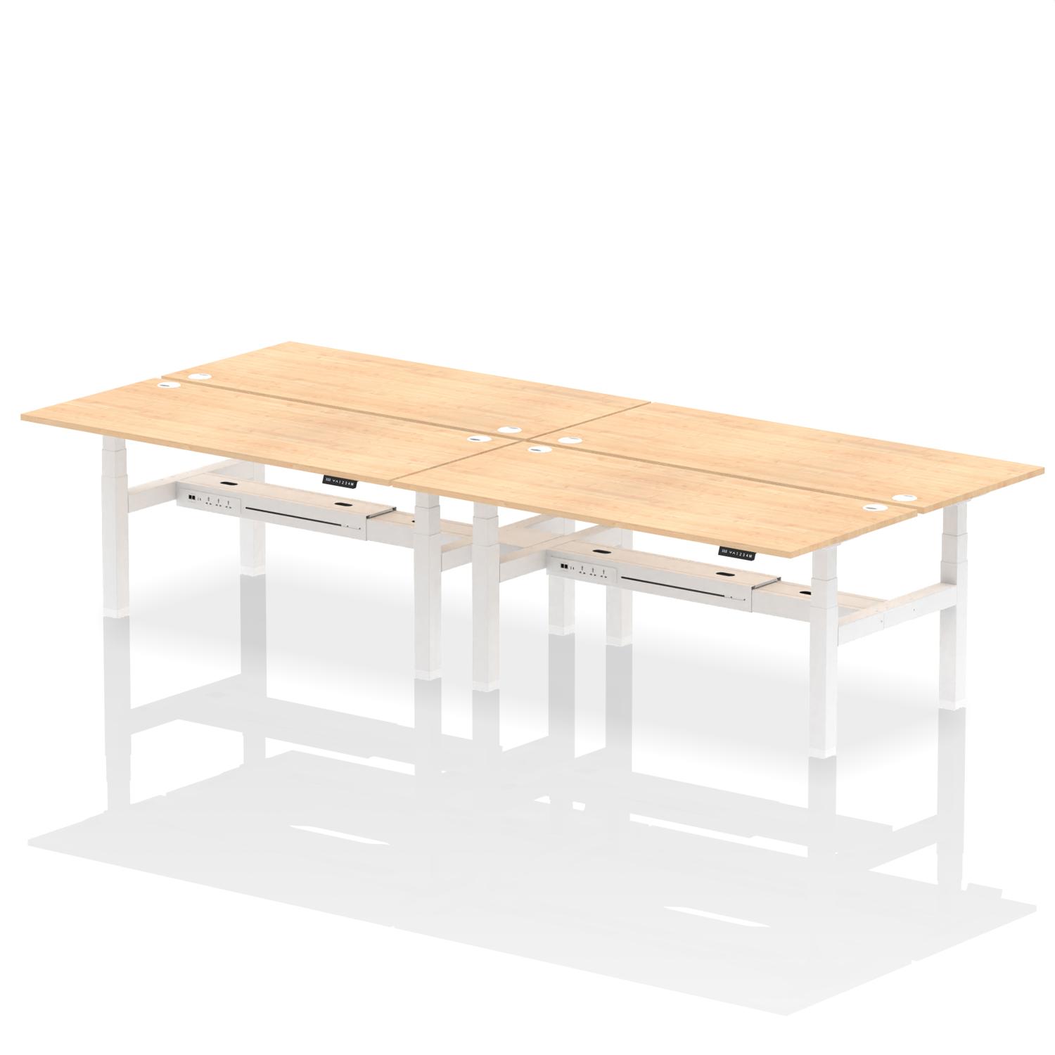 Air Back-to-Back 1800 x 800mm Height Adjustable 4 Person Office Bench Desk Maple Top with Cable Ports White Frame