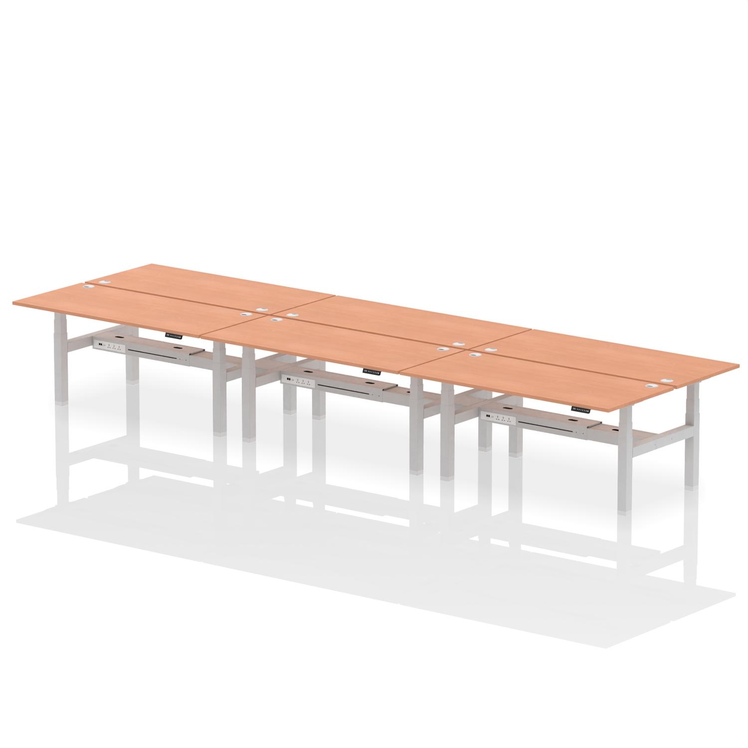 Air Back-to-Back 1800 x 800mm Height Adjustable 6 Person Office Bench Desk Beech Top with Cable Ports Silver Frame