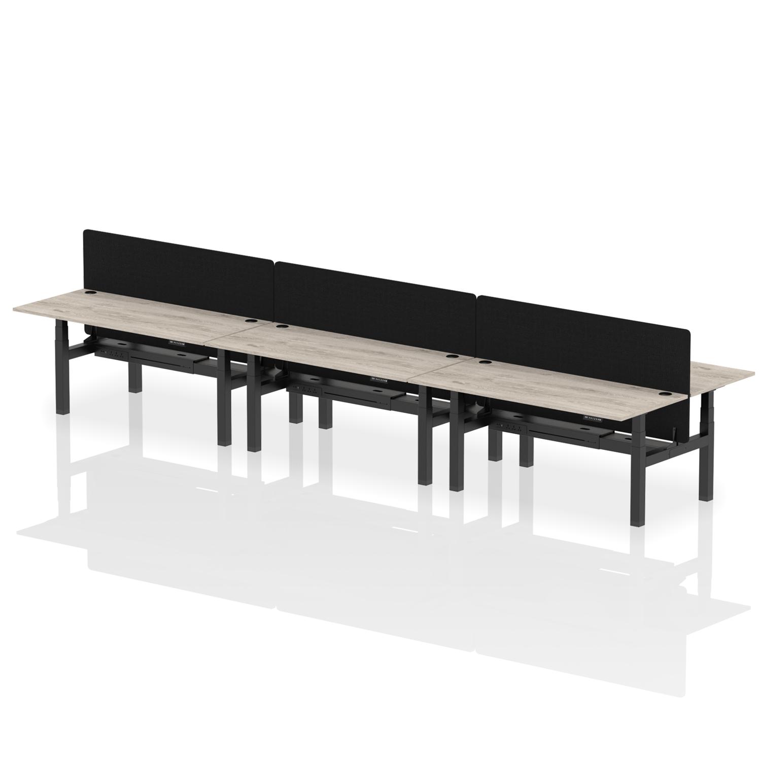 Air Back-to-Back 1800 x 800mm Height Adjustable 6 Person Office Bench Desk Grey Oak Top with Cable Ports Black Frame with Black Straight Screen