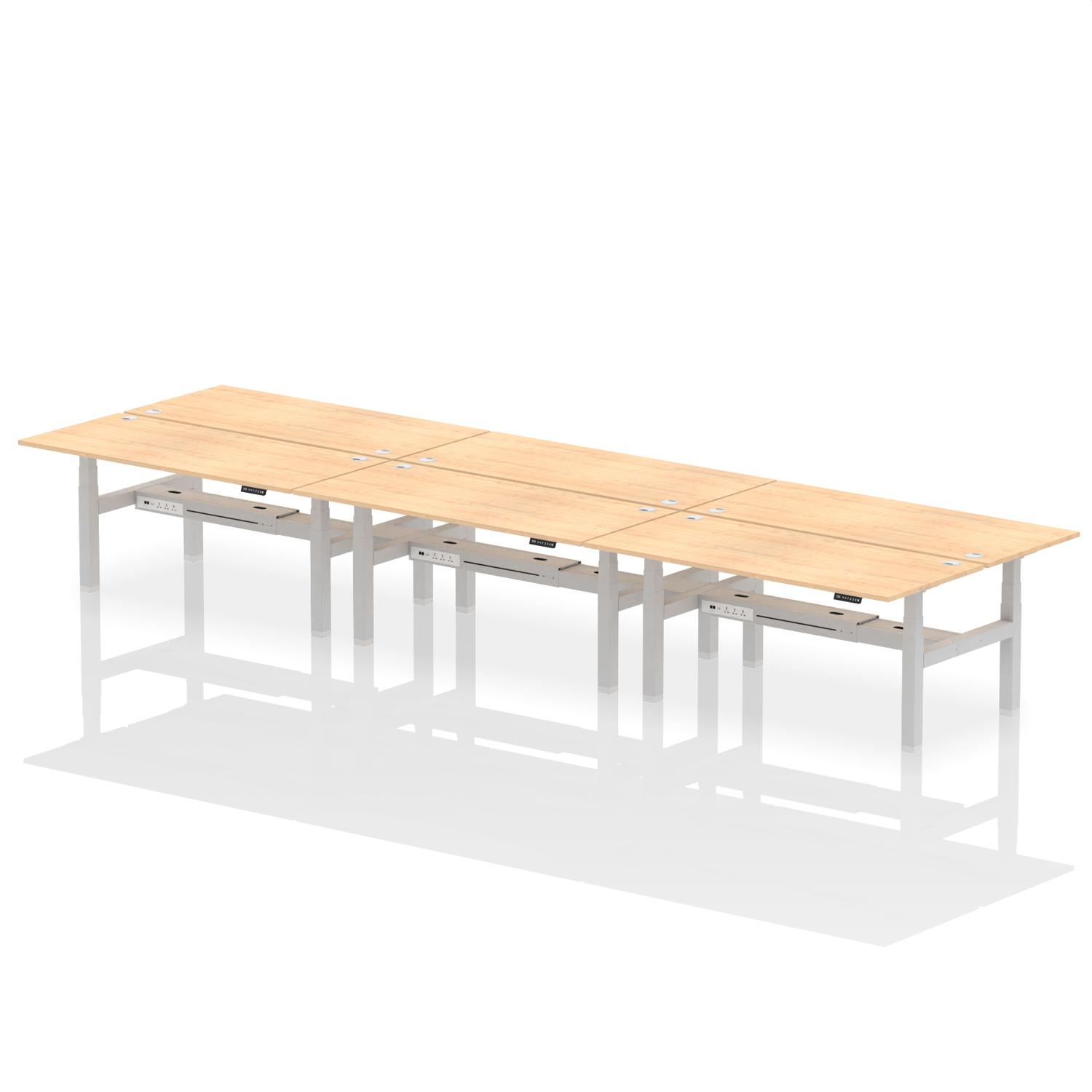 Air Back-to-Back 1800 x 800mm Height Adjustable 6 Person Office Bench Desk Maple Top with Cable Ports Silver Frame