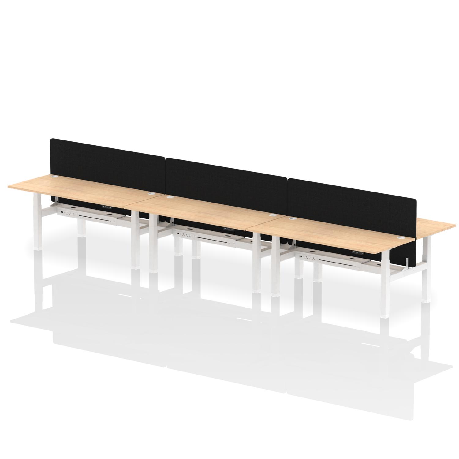 Air Back-to-Back 1800 x 800mm Height Adjustable 6 Person Office Bench Desk Maple Top with Cable Ports White Frame with Black Straight Screen