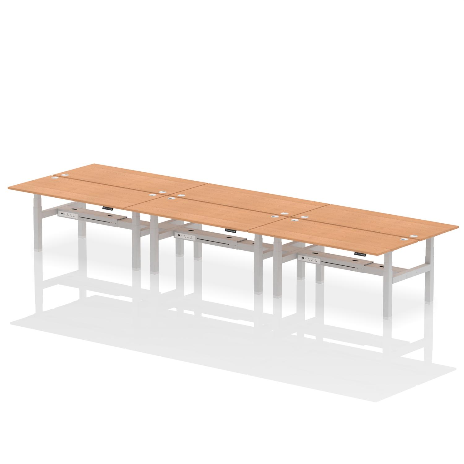 Air Back-to-Back 1800 x 800mm Height Adjustable 6 Person Office Bench Desk Oak Top with Cable Ports Silver Frame