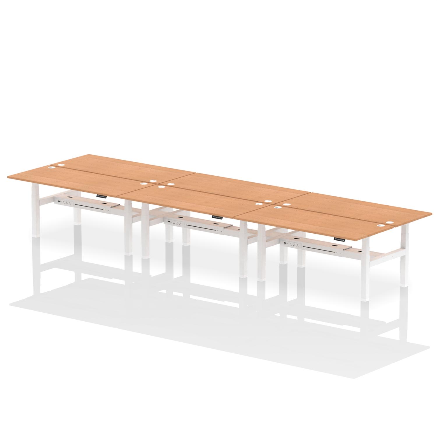 Air Back-to-Back 1800 x 800mm Height Adjustable 6 Person Office Bench Desk Oak Top with Cable Ports White Frame