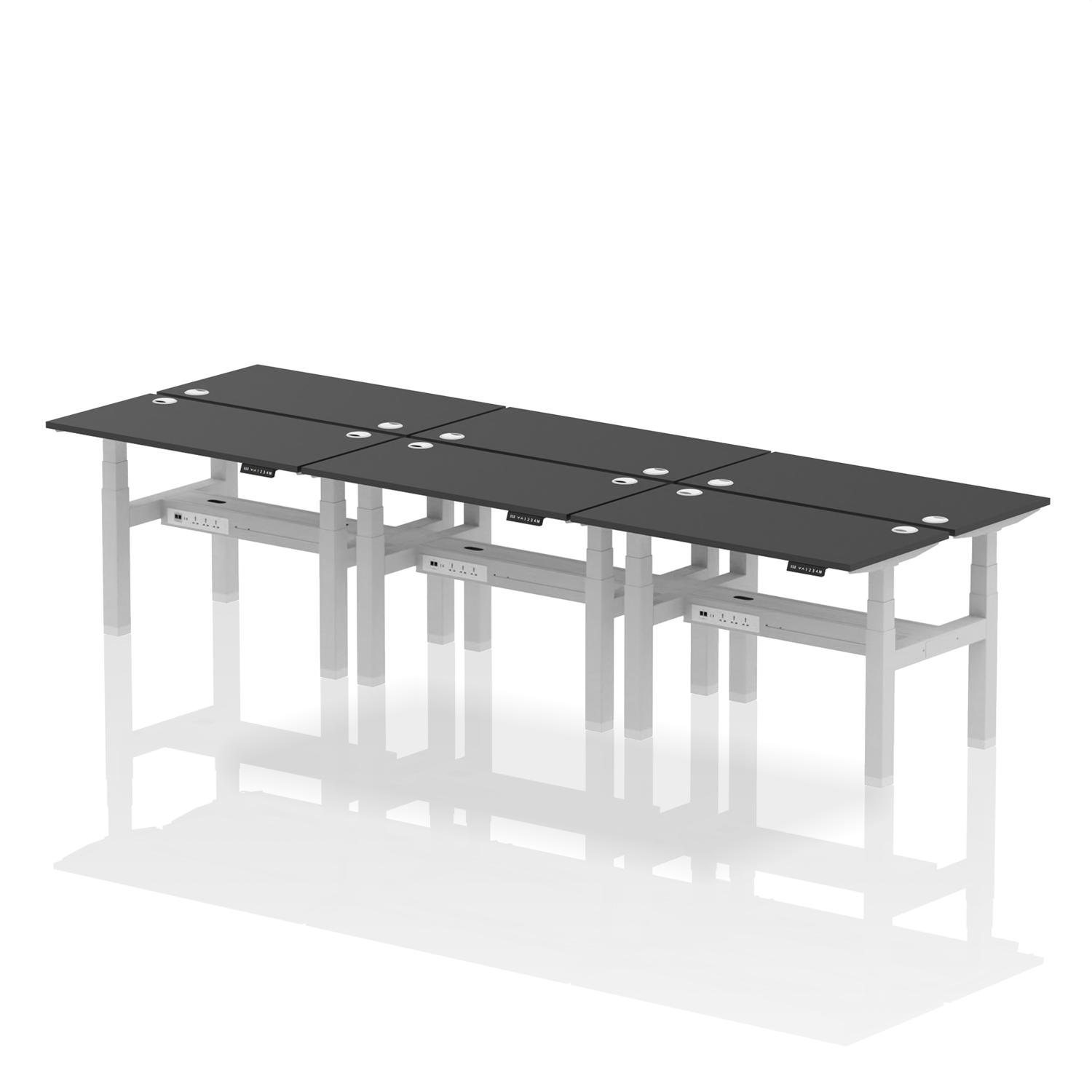 Air Back-to-Back 1200 x 600mm Height Adjustable 6 Person Office Bench Desk Black Top with Cable Ports Silver Frame
