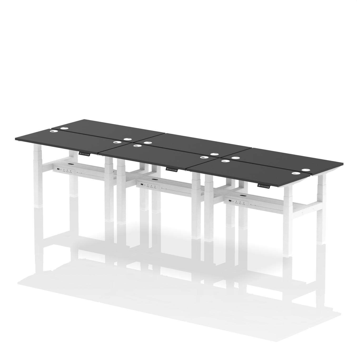 Air Back-to-Back 1200 x 600mm Height Adjustable 6 Person Office Bench Desk Black Top with Cable Ports White Frame Air Back-to-Back 1200 x 600mm Height Adjustable 6 Person Office Bench Desk Black Top with Cable Ports White Frame