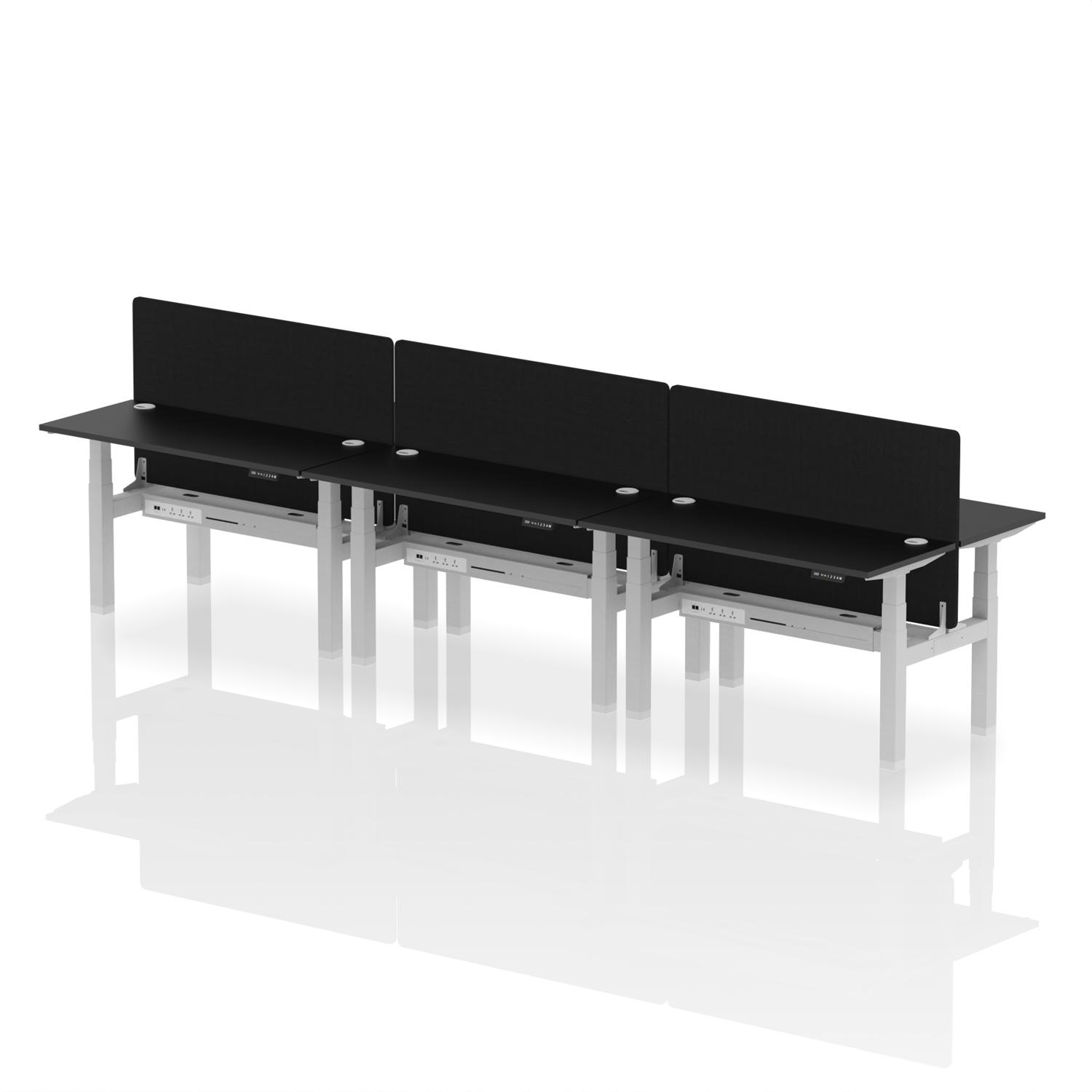 Air Back-to-Back 1400 x 600mm Height Adjustable 6 Person Office Bench Desk Black Top with Cable Ports Silver Frame with Black Straight Screen