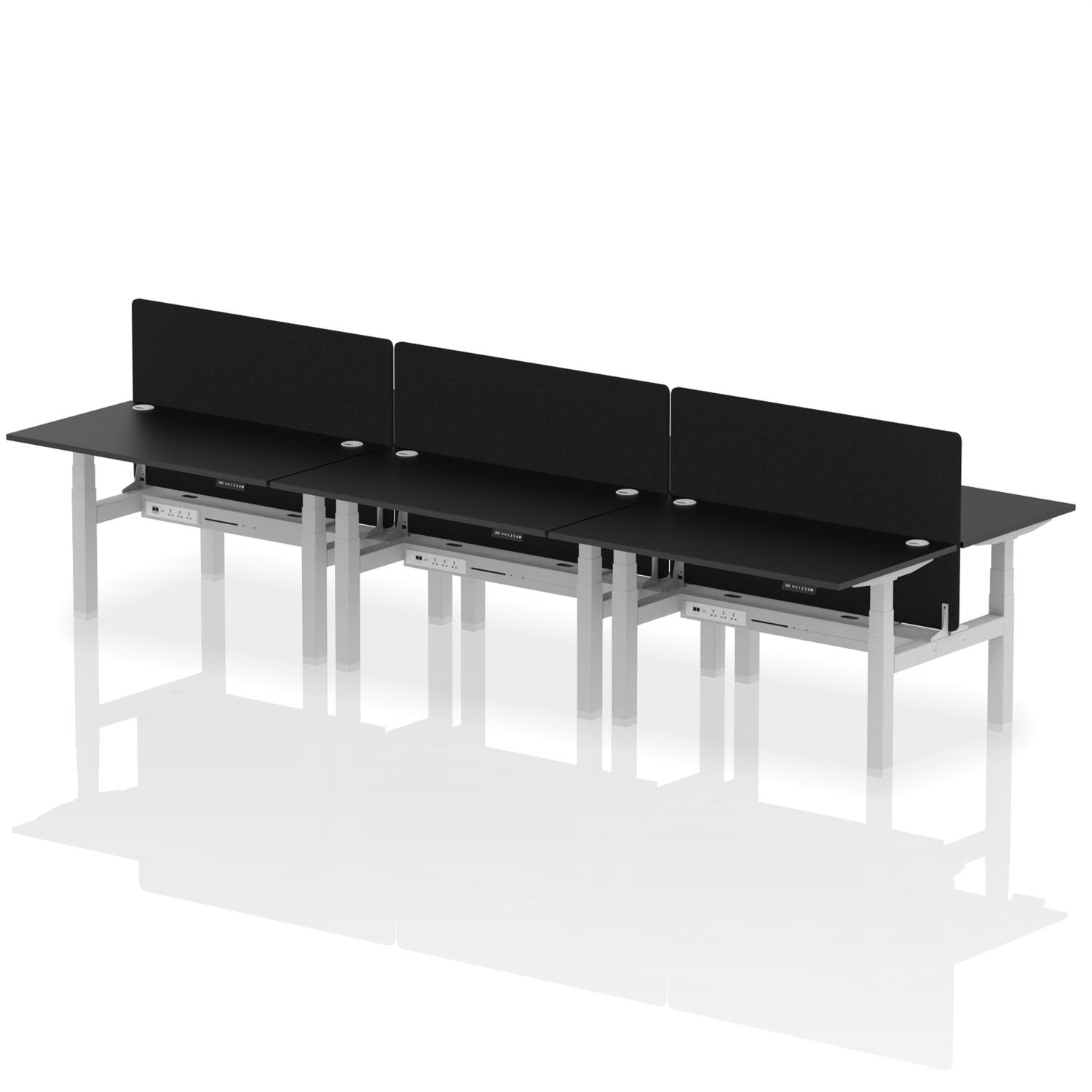 Air Back-to-Back 1400 x 800mm Height Adjustable 6 Person Office Bench Desk Black Top with Cable Ports Silver Frame with Black Straight Screen