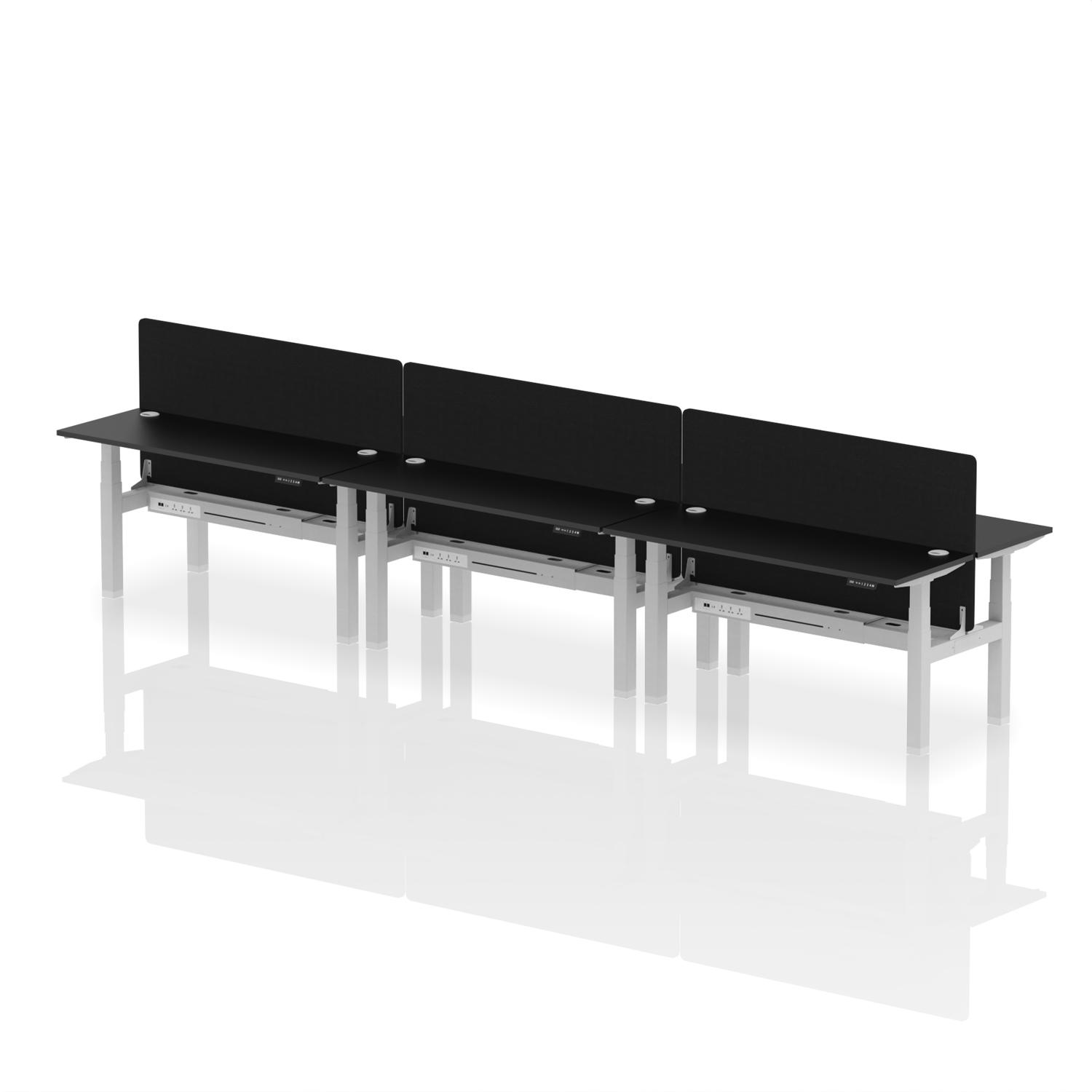Air Back-to-Back 1600 x 600mm Height Adjustable 6 Person Office Bench Desk Black Top with Cable Ports Silver Frame with Black Straight Screen