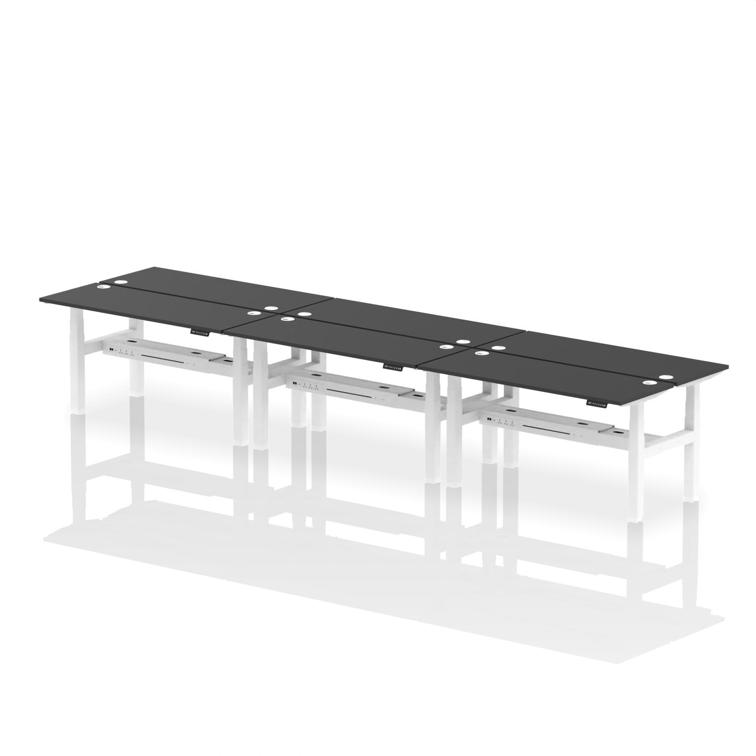 Air Back-to-Back 1600 x 600mm Height Adjustable 6 Person Office Bench Desk Black Top with Cable Ports White Frame