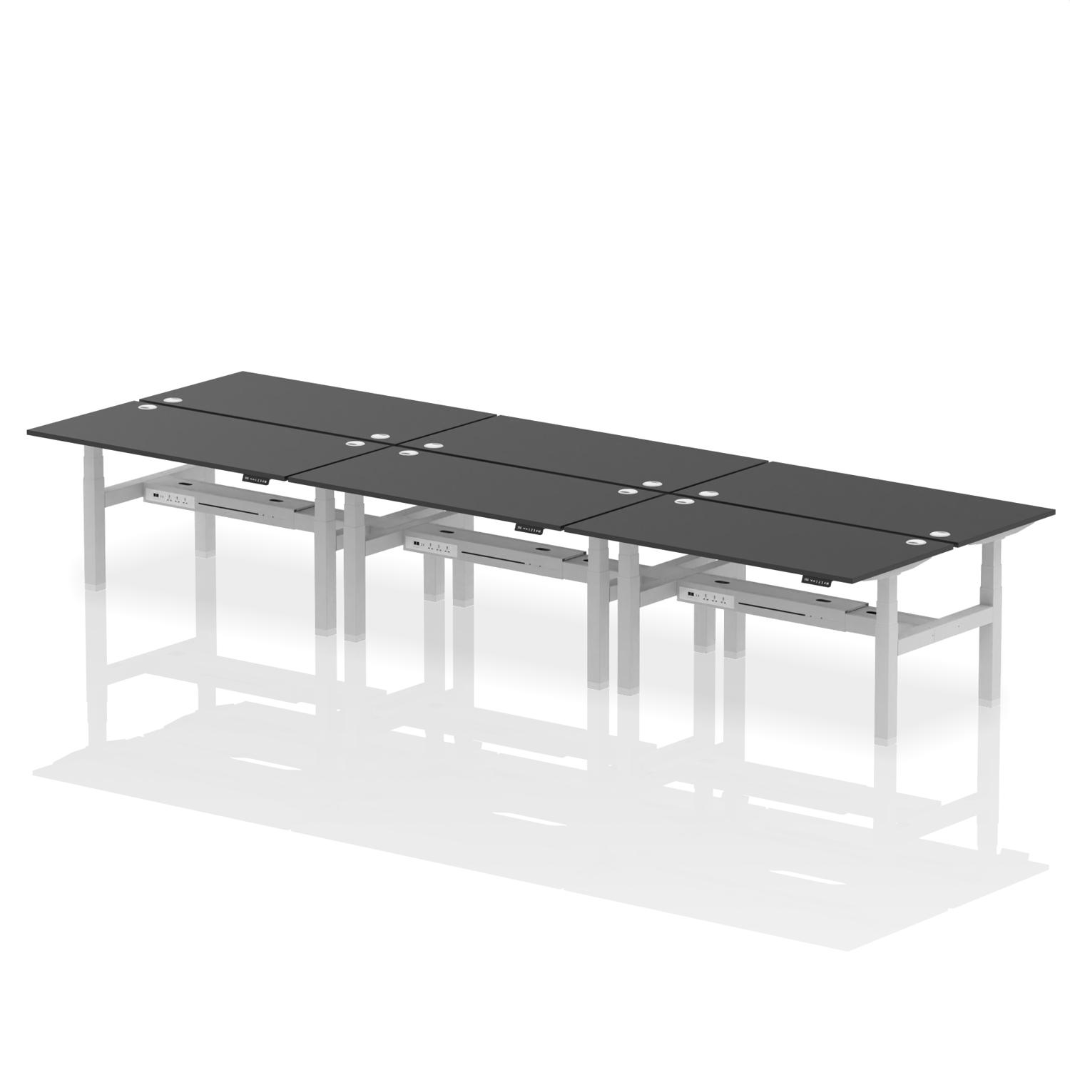 Air Back-to-Back 1600 x 800mm Height Adjustable 6 Person Office Bench Desk Black Top with Cable Ports Silver Frame