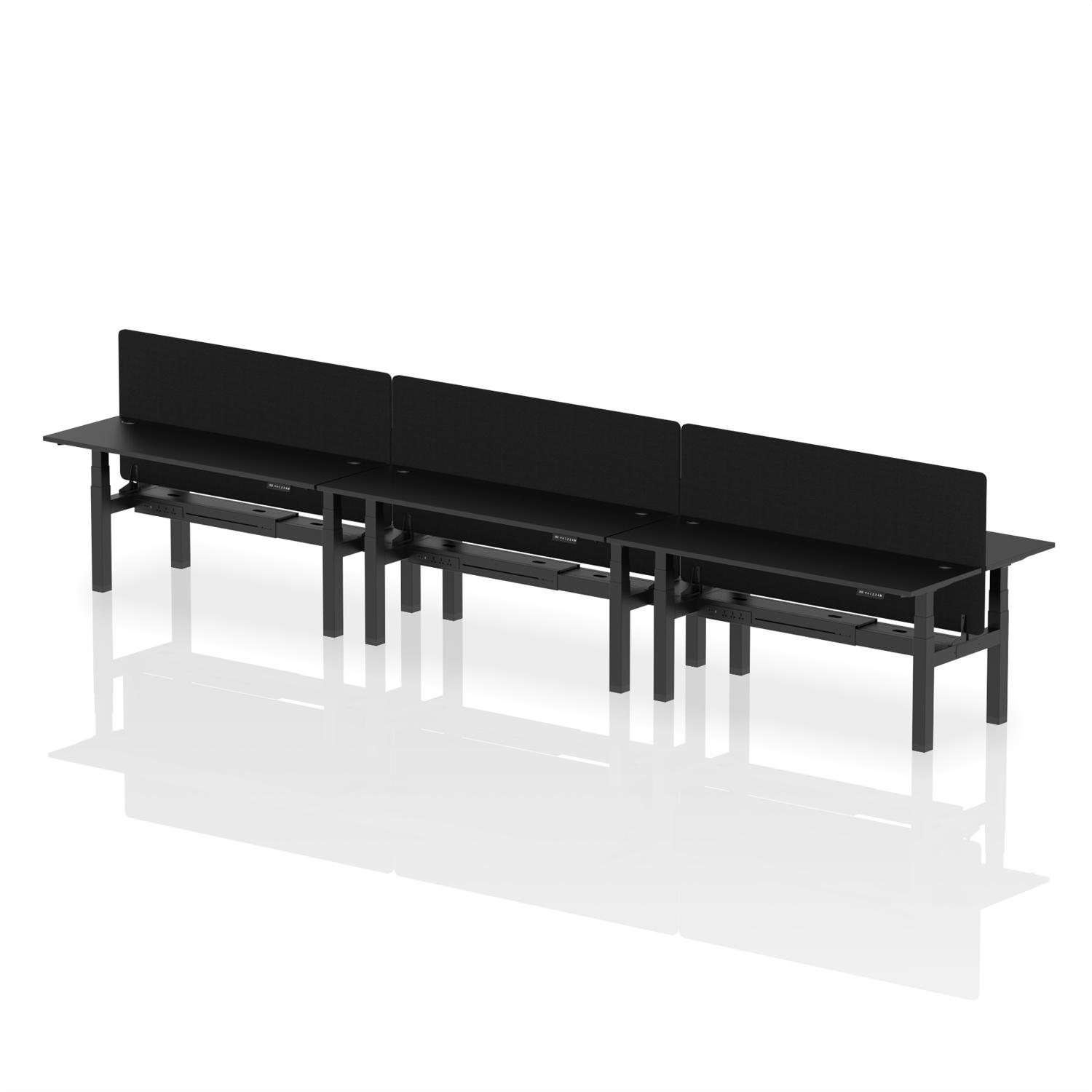 Air Back-to-Back 1800 x 600mm Height Adjustable 6 Person Office Bench Desk Black Top with Cable Ports Black Frame with Black Straight Screen
