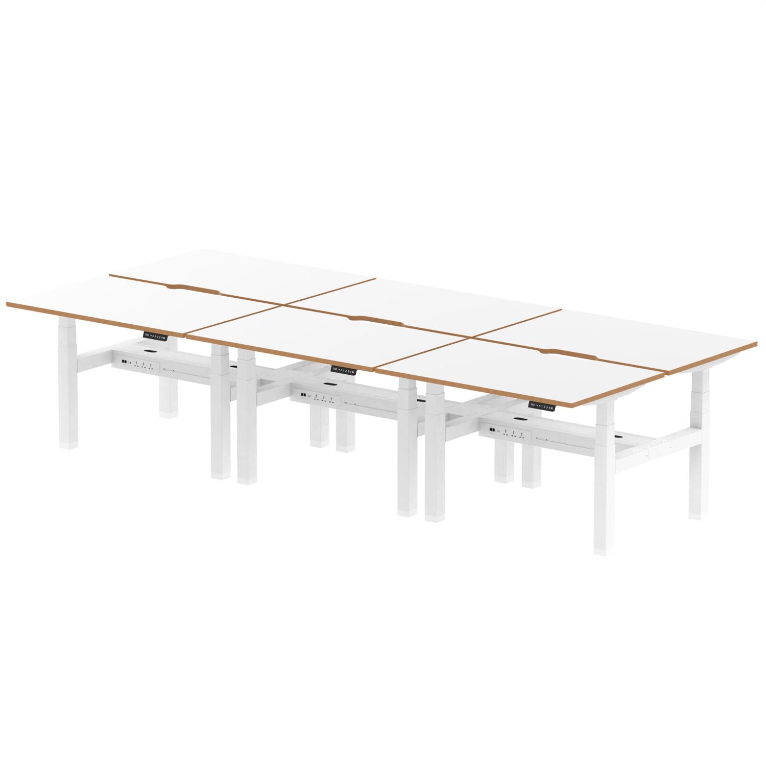 Air Back-to-Back Oslo 1200 x 800mm Height Adjustable B2B 6 Person Office Bench Desk White Top Natural Wood Edge White Frame