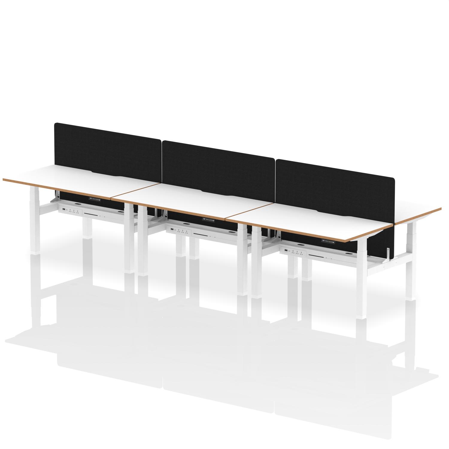 Air Back-to-Back Oslo 1400 x 800mm Height Adjustable B2B 6 Person Office Bench Desk White Top Natural Wood Edge White Frame with Black Straight Screen