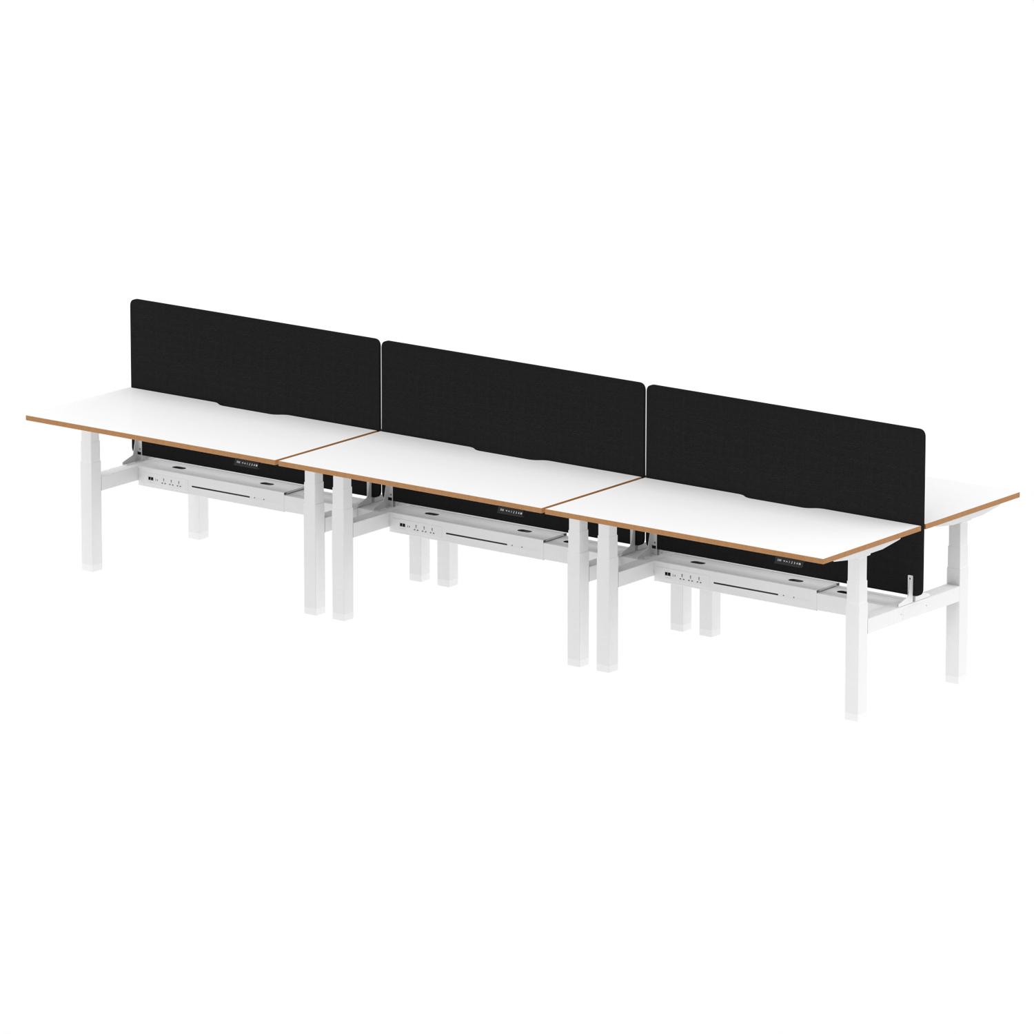Air Back-to-Back Oslo 1600 x 800mm Height Adjustable B2B 6 Person Office Bench Desk White Top Natural Wood Edge White Frame with Black Straight Screen