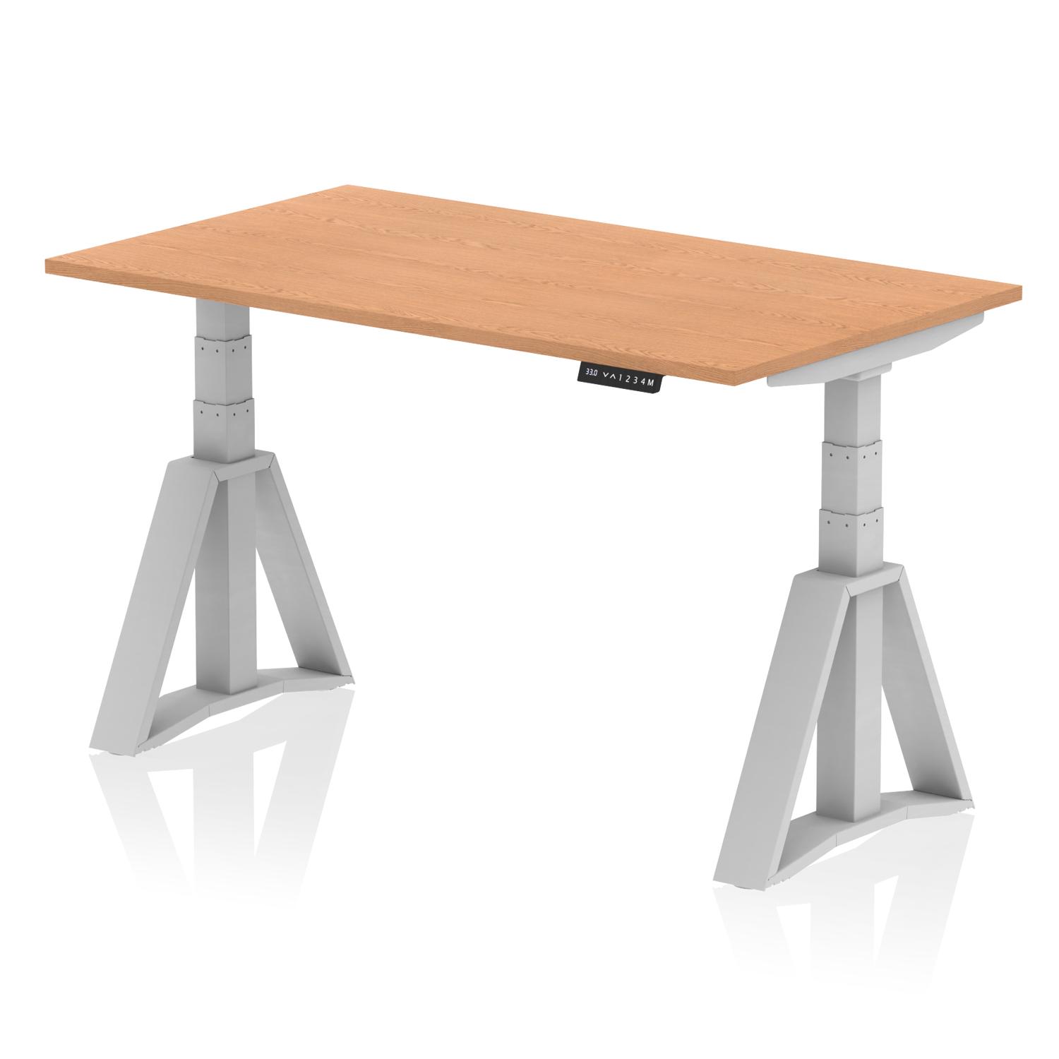 Air 1400 x 800mm Height Adjustable Office Desk Oak Top Silver Leg with Piste Foot