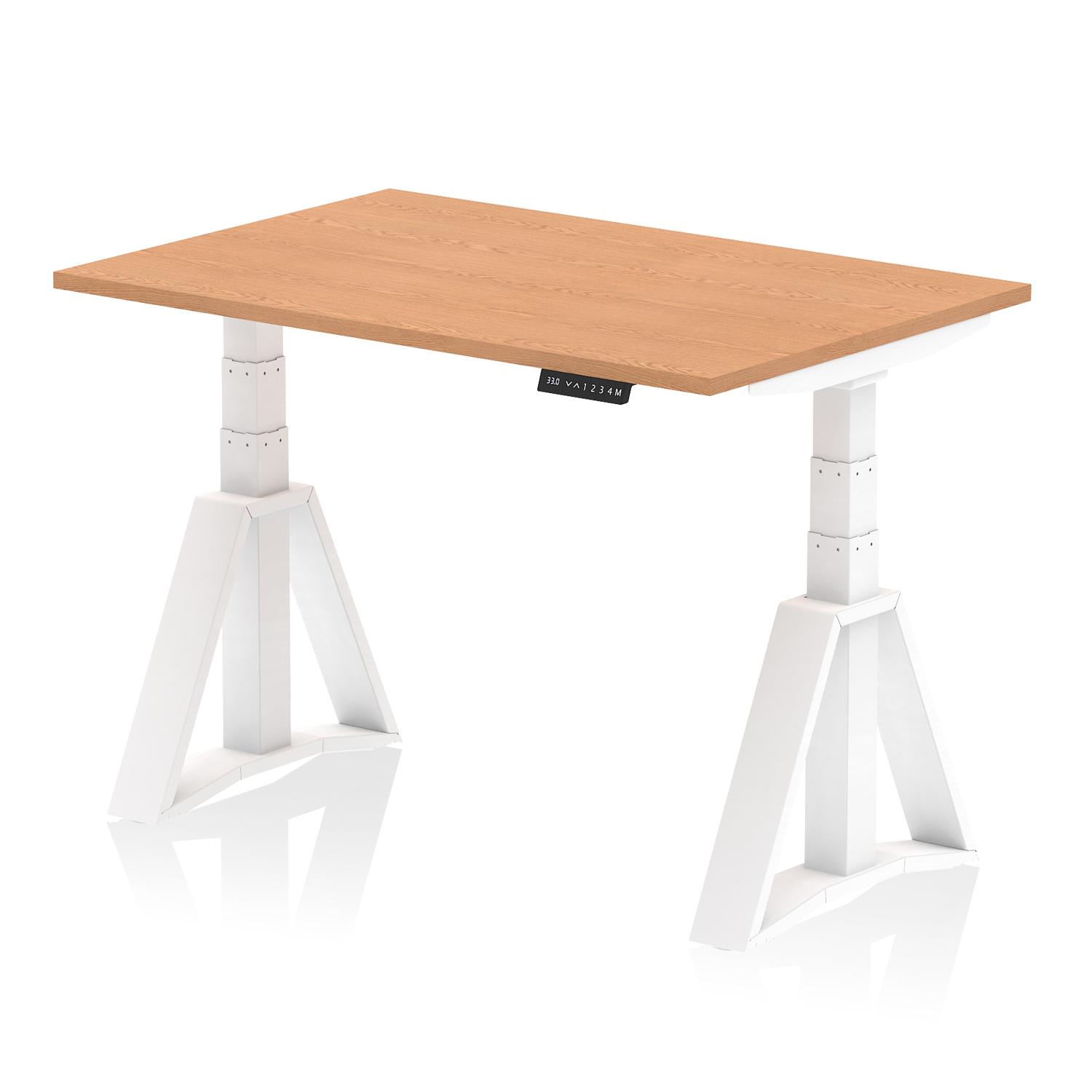 Air 1200 x 800mm Height Adjustable Office Desk Oak Top White Leg with Piste Foot