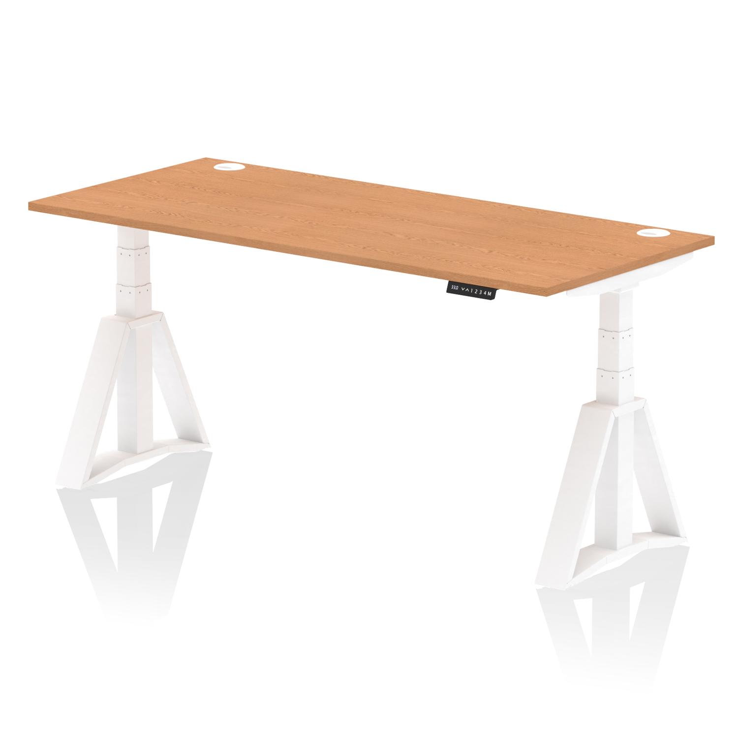 Air 1800 x 800mm Height Adjustable Office Desk Oak Top Cable Ports White Leg with Piste Foot