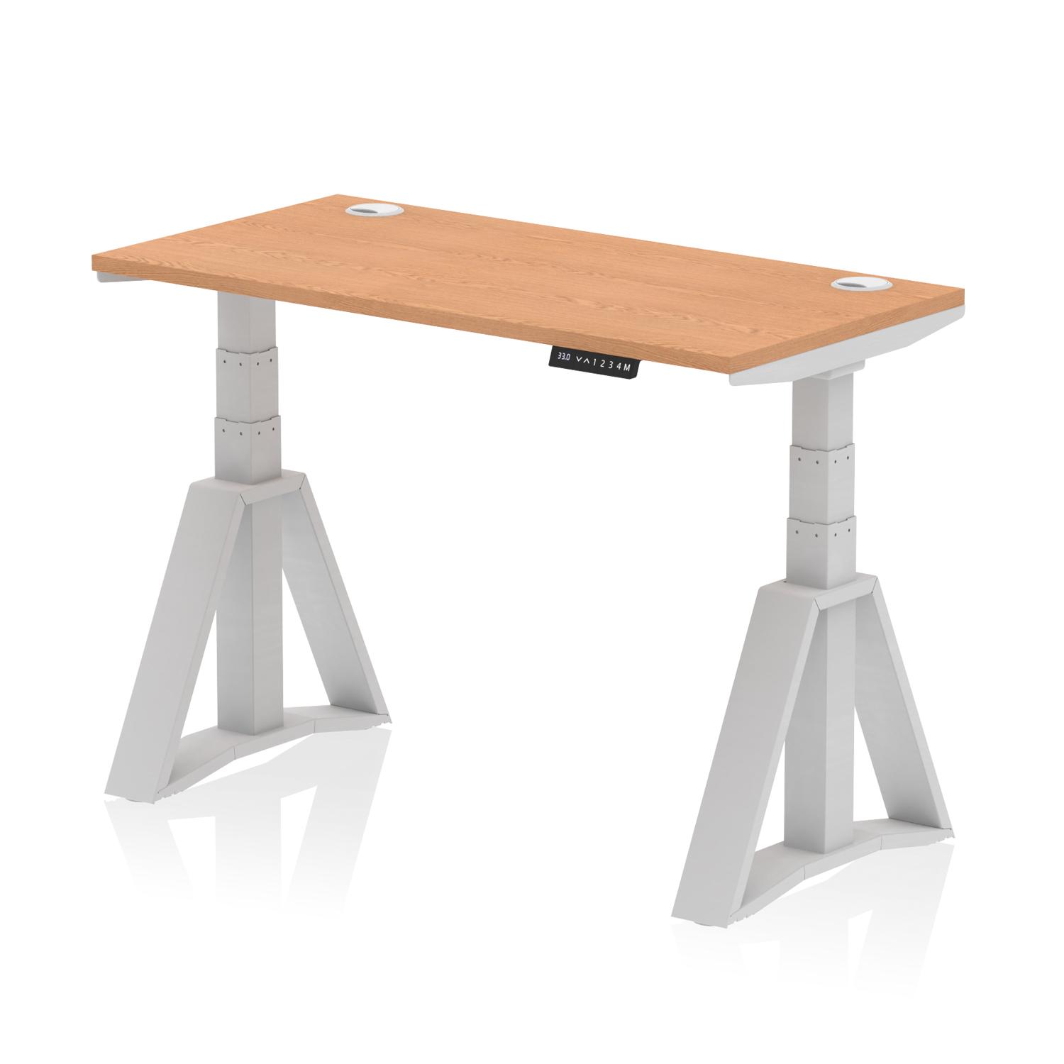 Air 1200 x 600mm Height Adjustable Office Desk Oak Top Cable Ports Silver Leg with Piste Foot