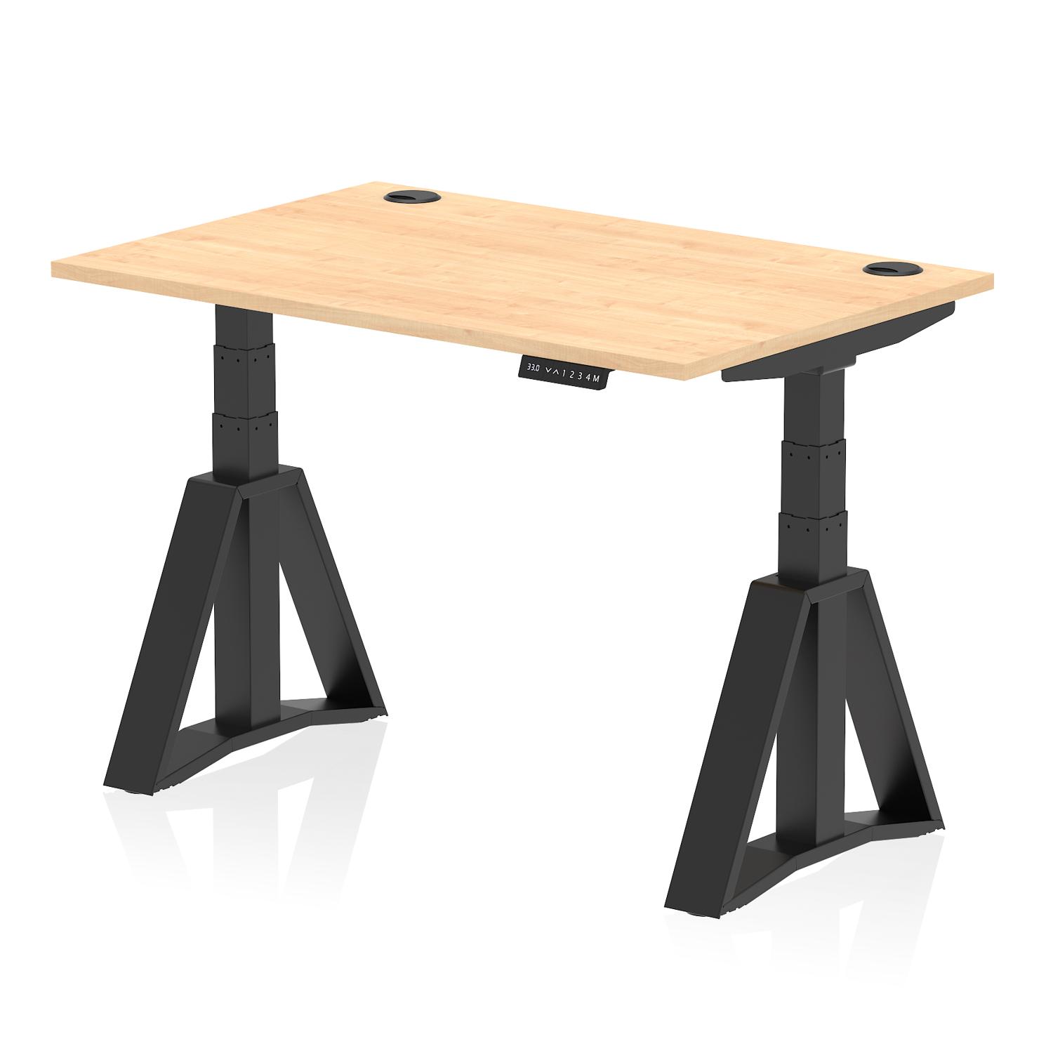 Air 1200 x 800mm Height Adjustable Office Desk Maple Top Cable Ports Black Leg with Piste Foot