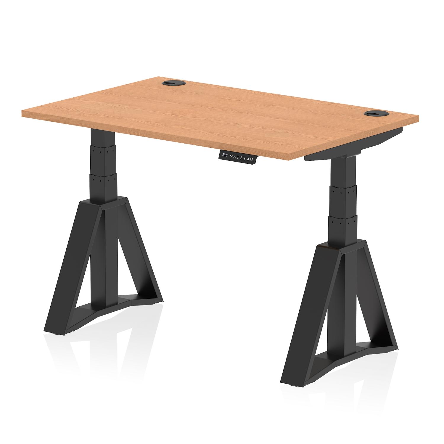 Air 1200 x 800mm Height Adjustable Office Desk Oak Top Cable Ports Black Leg with Piste Foot
