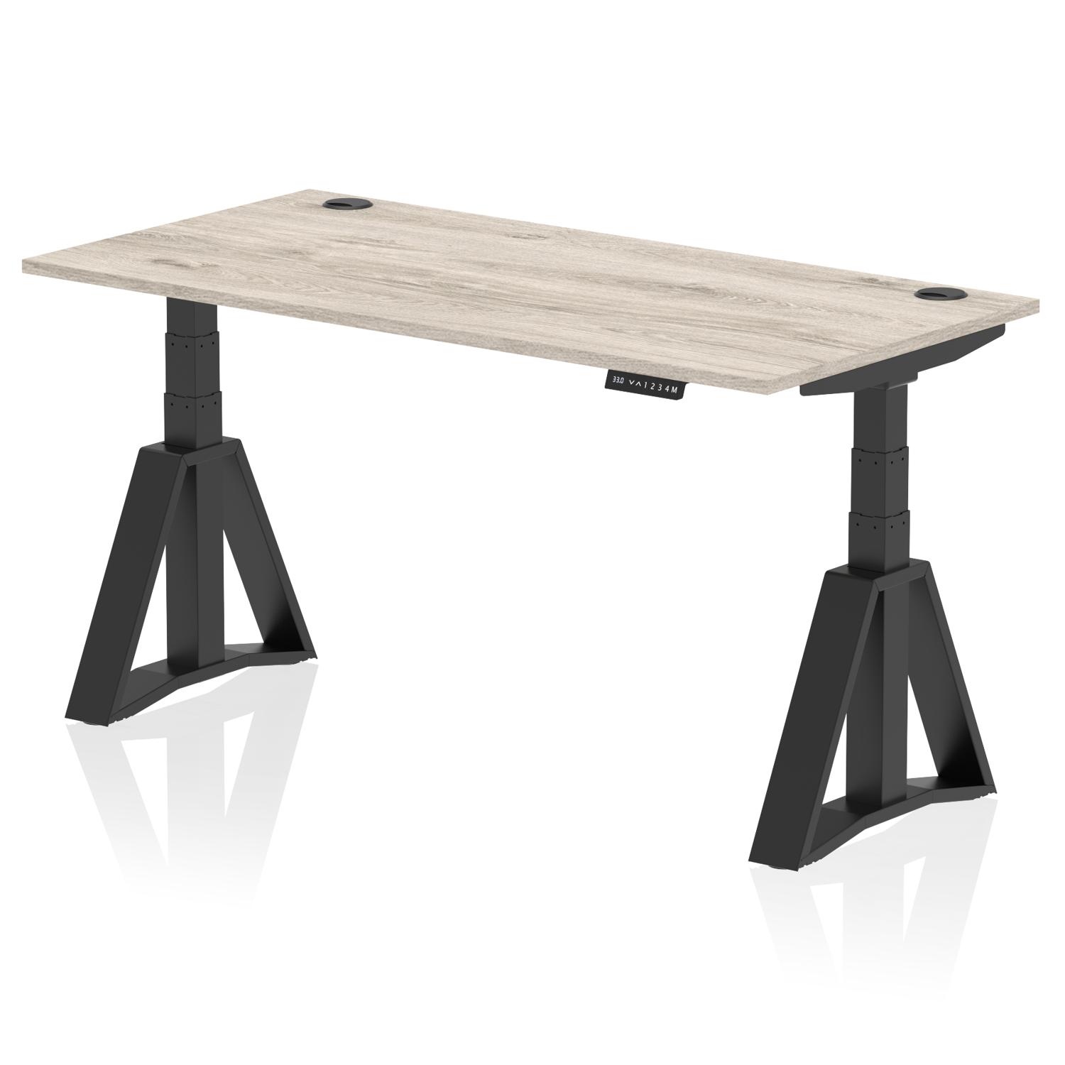 Air 1600 x 800mm Height Adjustable Office Desk Grey Oak Top Cable Ports Black Leg with Piste Foot