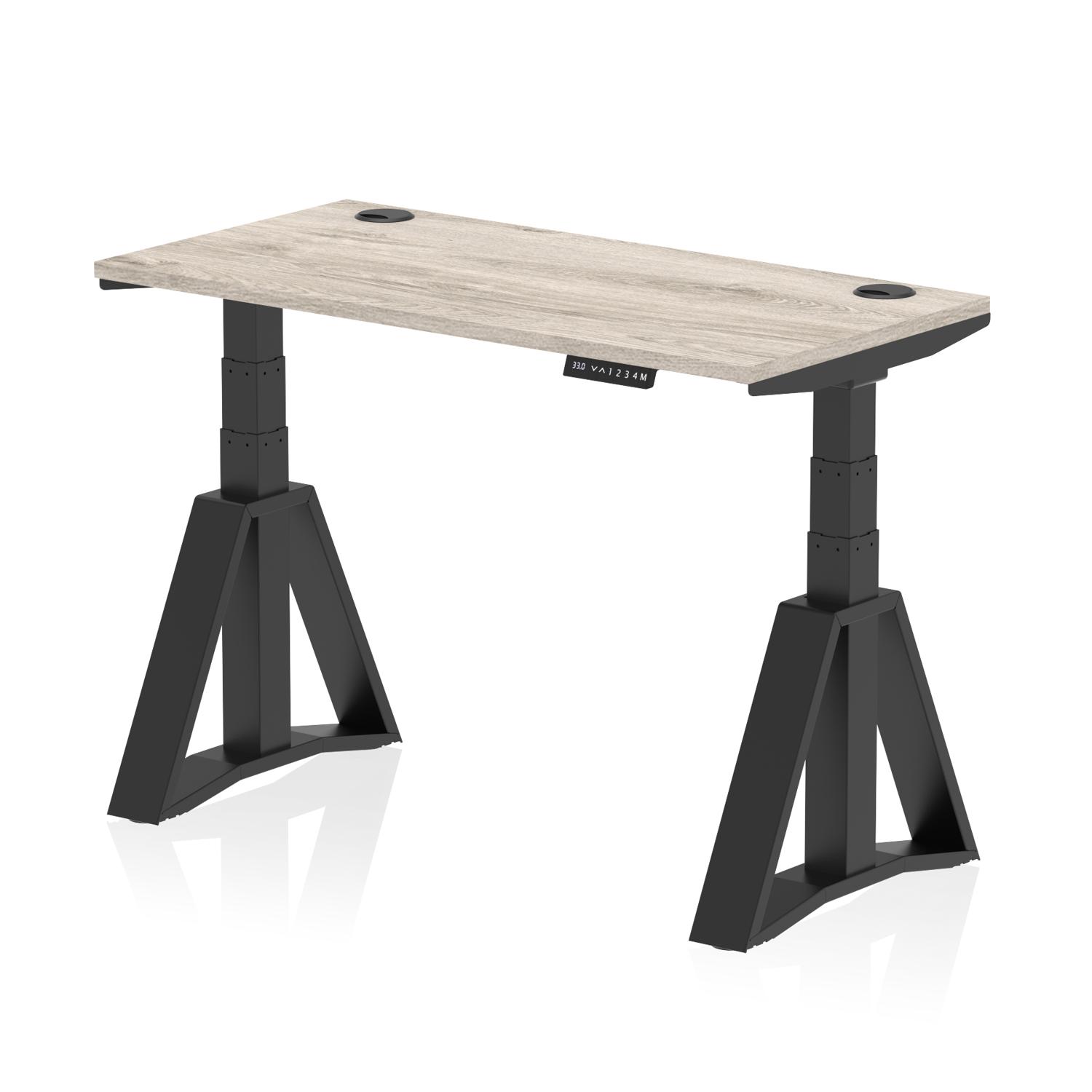 Air 1200 x 600mm Height Adjustable Office Desk Grey Oak Top Cable Ports Black Leg with Piste Foot
