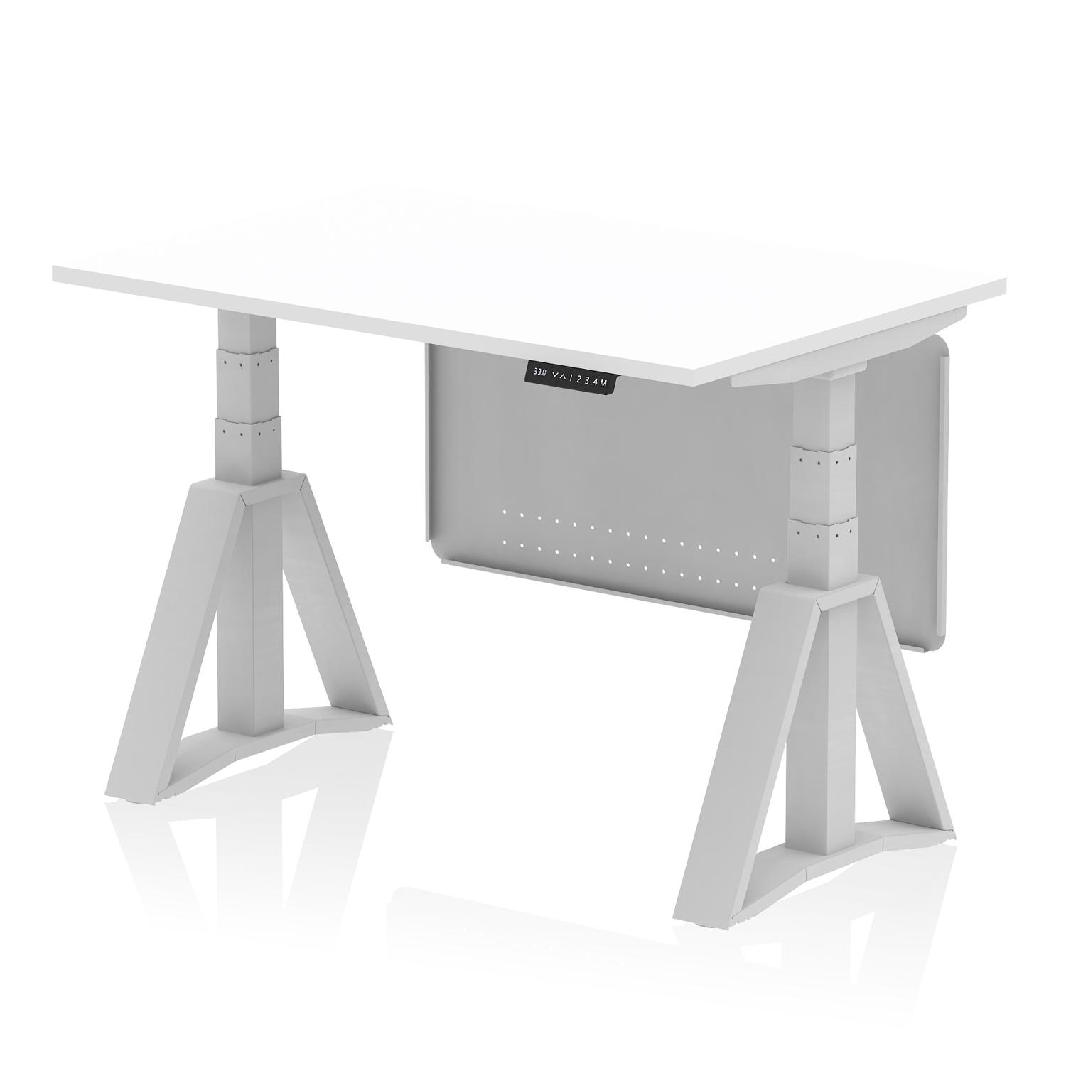 Air Modesty 1200 x 800mm Height Adjustable Office Desk White Top Silver Leg With Silver Steel Modesty Panel with Piste Foot