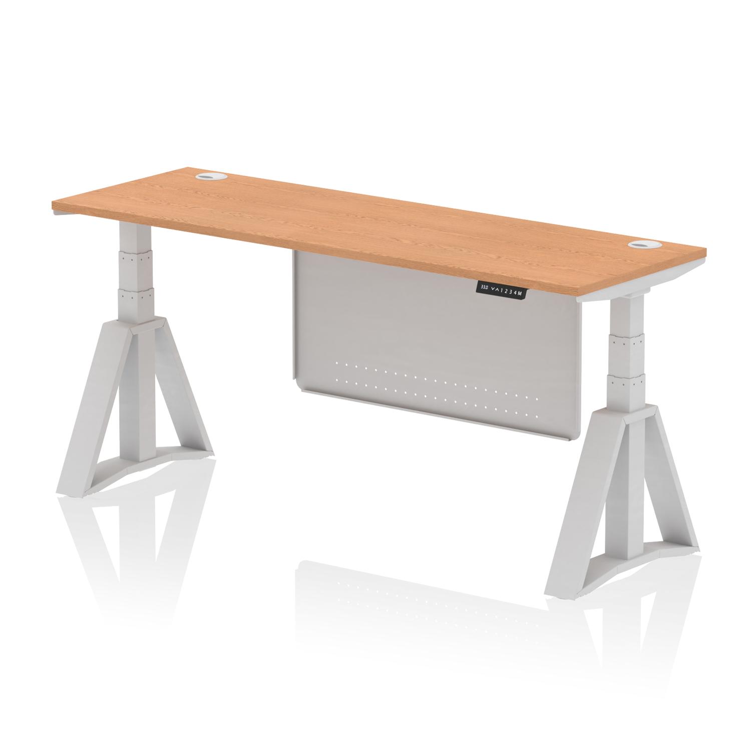 Air Modesty 1800 x 600mm Height Adjustable Office Desk Oak Top Cable Ports Silver Leg With Silver Steel Modesty Panel with Piste Foot