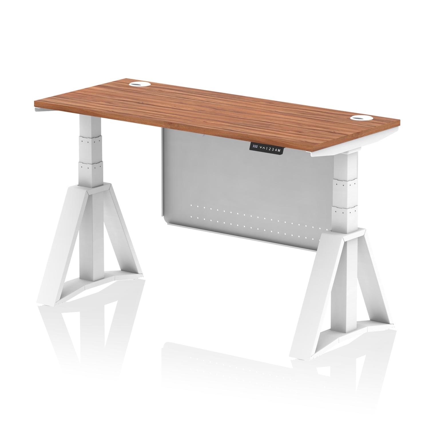 Air Modesty 1400 x 600mm Height Adjustable Office Desk Walnut Top Cable Ports White Leg With White Steel Modesty Panel with Piste Foot