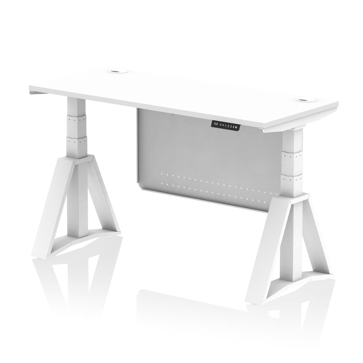 Air Modesty 1400 x 600mm Height Adjustable Office Desk White Top Cable Ports White Leg With White Steel Modesty Panel with Piste Foot