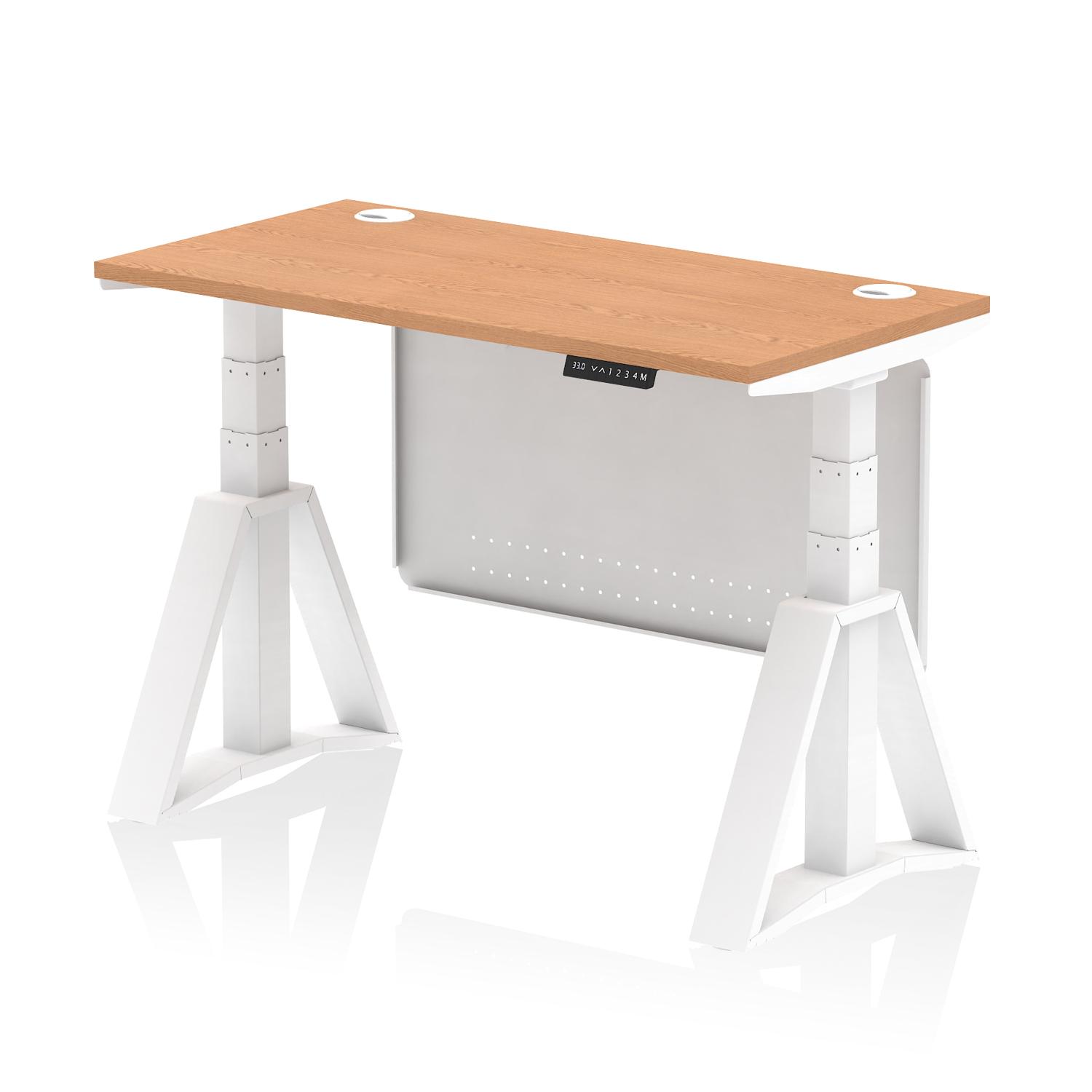 Air Modesty 1200 x 600mm Height Adjustable Office Desk Oak Top Cable Ports White Leg With White Steel Modesty Panel with Piste Foot
